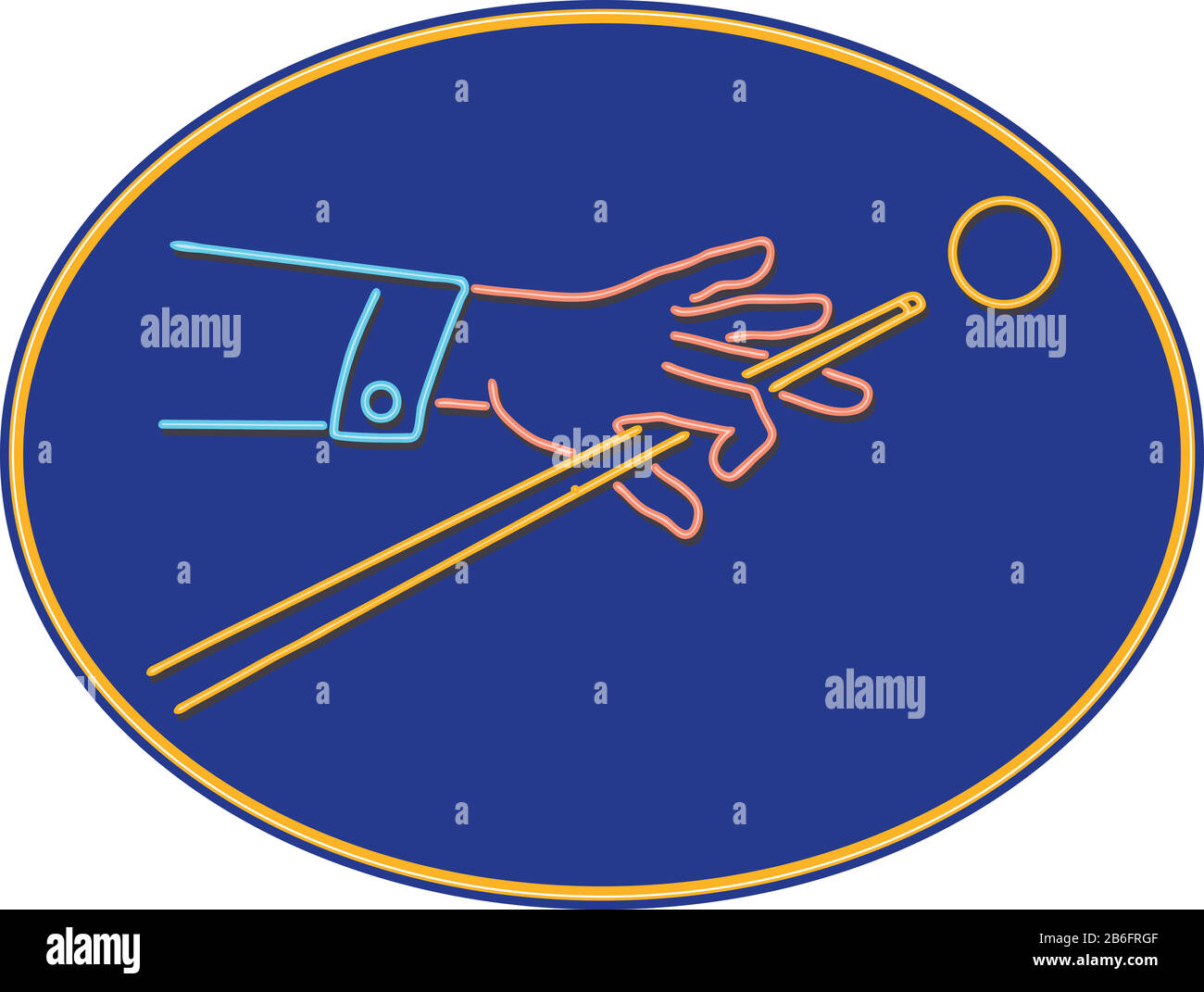 Retro-Illustration mit Neon-Signing-Beleuchtung in den 1990er Jahren eines Billardspielers, der mit einem Cue-Stick in einem ovalen runden Shap auf den Ball trifft Stock Vektor