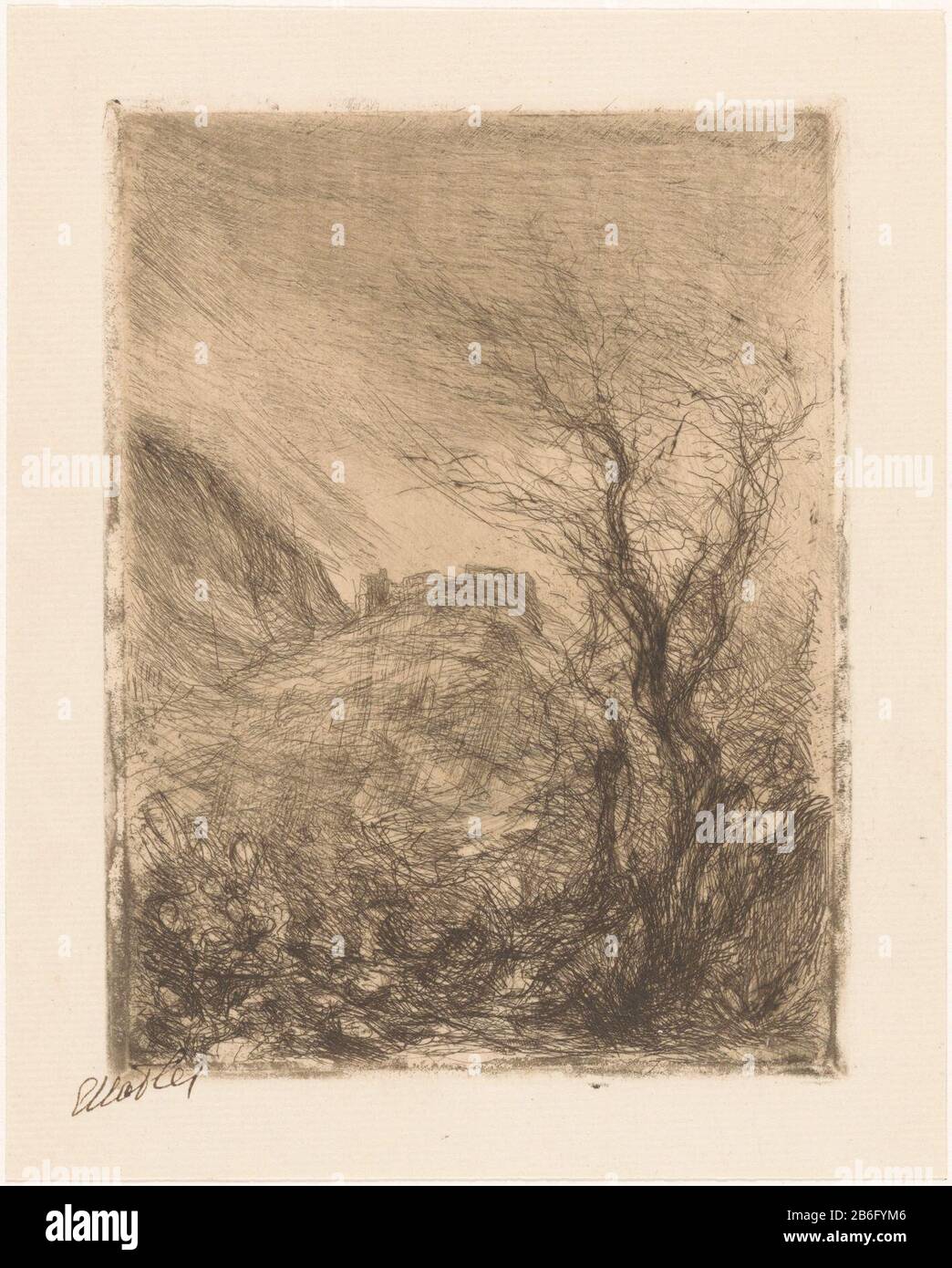 Capri (Originaltitel auf dem Objekt) EIN Baum auf einem Hügel auf der italienischen Insel Capri in den Golf Napels. Hersteller: Druckmaschine: Etha Fles (persönlich unterzeichnet) Datum: 30-1910 Physikalische Merkmale: DRYPOINT und Plattenton braunes Material: Papiertechnik: DRYPOINT / Plattentonabmessungen: Plattenkante: H 158 mm × W 120 mm Betreff: Bäume (hoch) Hügel wo: Capri Stockfoto