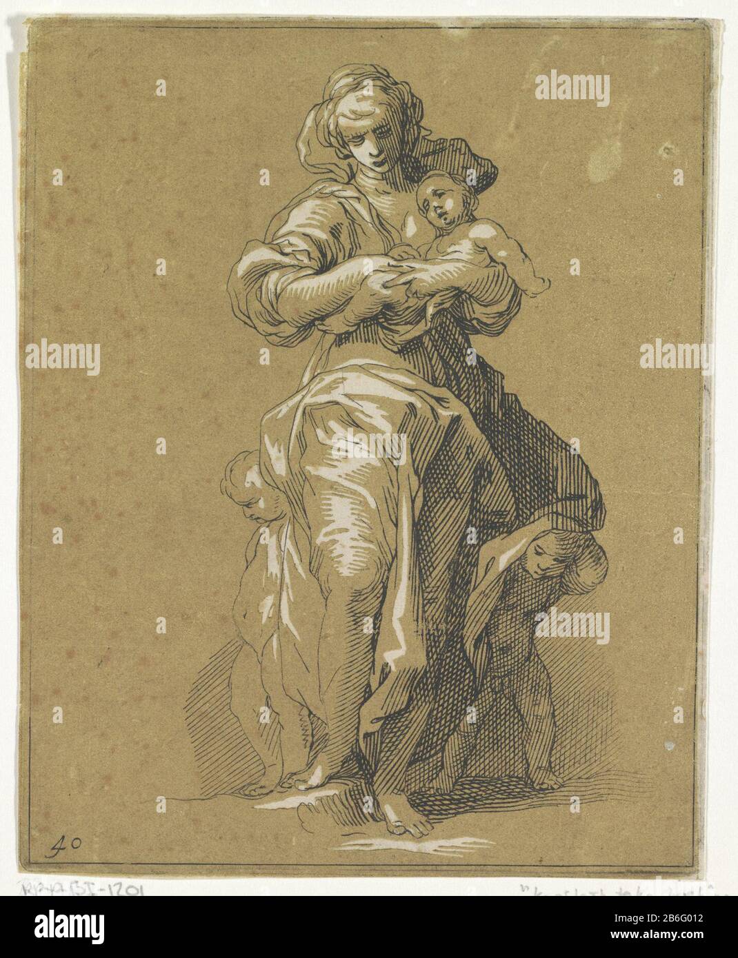 Caritas mit drei Kindern Unten links '40'. Hersteller: Druckmaschine: Frederick Bloemaert zur Gestaltung: Abraham Bloemaert Herausgeber: Reinier Ottens (I) & JosuaPlaats Herstellung: Druckmaschine: Utrechter Verleger: Amsterdam Datum: 1740/441 Physikalische Merkmale: Radierung in schwarz und chiaroscuro in braun; gedruckt auf einer Kupferplatte, und ein Holztonblock Material: Papiertechnik: Radierung / Chiaroscuro-Block: Abmessungen: Holzplatte: Abmessungen: 188 mm × H 152 b mmToelichtingMiete von: Bloemaert, Abraham. Oorspronkelyk und renommiertes Konstryk-Skizzenbuch. Amsterdam: Reinier & Josua Ottens, 1740. Betrifft: Wohltätigkeitsorganisation, C Stockfoto