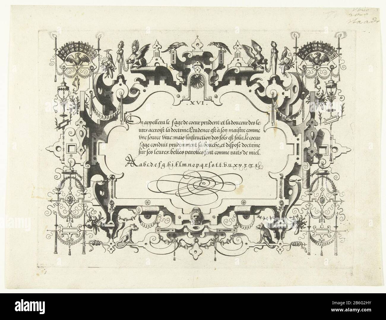 Journal XVI Kartusche mit dem Text Zu Appellera le sage de coeur umsichtig ... oben links und oben rechts zwischen zwei brennenden Kerzen Adler unter einem Bogen von Trellis. Von einer Serie von 21 nummerierten Kartuschen mit Kalligraphie in einen Rahmen von Rollen- und Befestigungsarbeiten mit Grotesken, Festoons und Mascarons. Hersteller : Druckhersteller: John oder Lucas von Doetechumprentmaker: Cornelis de Hooghe Zum Entwurf: Hans Vredeman de Vries Herausgeber: Christopher Plantijn Herstellung: Druckmaschine: Niederlande (möglich) Druckmaschine: Niederlande zum Entwurf: Niederlande (möglich) Herausgeber: Antwerpen Datum: 1569 Stockfoto