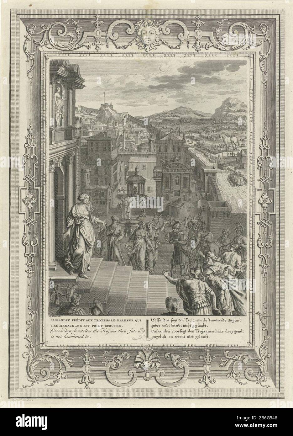 Cassandra sagt den Fall von Troy Cassandra voraus, der Tochter von König Priam, sagt den Fall Troja voraus, wird aber von jemandem geglaubt. Der rechte Hintergrund, das Trojanische Pferd, die Stadt wird in Innenräumen gehalten. Am Rande des Titels in Französisch, Englisch, Deutsch und Niederländisch. Die Aufführung ist mit einem dekorativen Rand verziert. Hersteller: Druckhersteller: Bernard Picart (Studio) Überwachung: Bernard Picart (auf dem Objekt angegeben) zum Zeichnen von: Bernard Picart (auf dem Objekt angegeben) Herstellung: Amsterdam Datum: 1731 Physische Eigenschaften: Ätzung und Engra auf zwei Materialblättern gedruckt: Papier-Techn Stockfoto