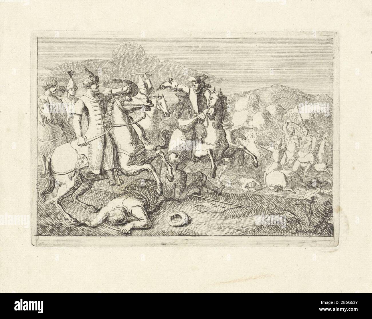 Mit orientalischen Reitern EINE Reiterei mit einer Pistole im Kampf mit Oriental-Reitern mit Turbanen, mit schweren: Den. Vor Ort verwundete Figuren und im Hintergrund kämpferische ruiter. Hersteller : Druckmaschine, John Verhoek Datum: 1700 - 1800 Physikalische Eigenschaften: Ätzmaterial: Papiertechnik: Ätzmaße: Plattenkante: H 115 mm × W 163 mm Betreff: Kampf (+ Kavalleristen, Reiter) Schusswaffen (mit NAMEN) asiatische Rassen und Menschen, die sich aus der Aktion setzen, indem sie - HH - außer Aktion gesetzt werden (+ während der Schlacht) Stockfoto