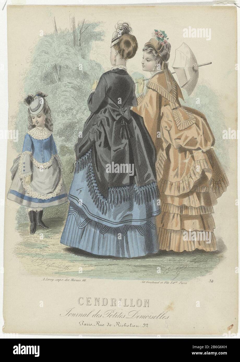 Cendrillon, ca. 1871, Nr. 34 Journal Small Maidens Zwei Frauen im Freien in Kleidern mit entschärften. Neben ihnen ein Mädchen. Drucken Sie die Modezeitschrift Cendrillon (1850-1872) aus. Hersteller : Druckerhersteller P. Deferneville (denkmalgeschütztes Gebäude) Herausgeber: Ad. Goubaud et Fils (auf Objekt angegeben) Button: A. Leroy (auf Objekt angegeben) Ort Herstellung: Paris Datum: CA. 1871 Physikalische Merkmale: Engra, handfarbenes Material: Papiertechnik: Engraa (Druckverfahren) / handfarbige Abmessungen: Blatt: H 202 mm × W 144 mm Betreff: Modeplatten Kopfbedeckung (+ Damenbekleidung) Mantel (+ Damenbekleidung) Rock (+ Stockfoto