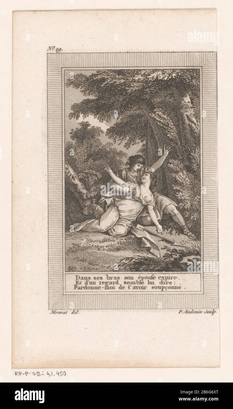 Cephalus und Prokris Linksboven genummerd: Nr. 19. Hersteller : Hersteller: Pierre Audouin (vermeld op object)naar tekening van: Charles Monnet (vermeld op object)uitgever: Antoine Augustin RenouardPlaats Herstellen: Prentmaker: Frankrijknaar tekening van: Frankrijkuitgever: Parijs dating: 1801 Physical kenmerken: Graven mm Material: Tavertiber b prize: 90 × Demoustier. Lettres a Émilie, sur la Mythologie. Paris: A.A. Renouard, 1801. Betrifft: Cephalus und Procrits Stockfoto