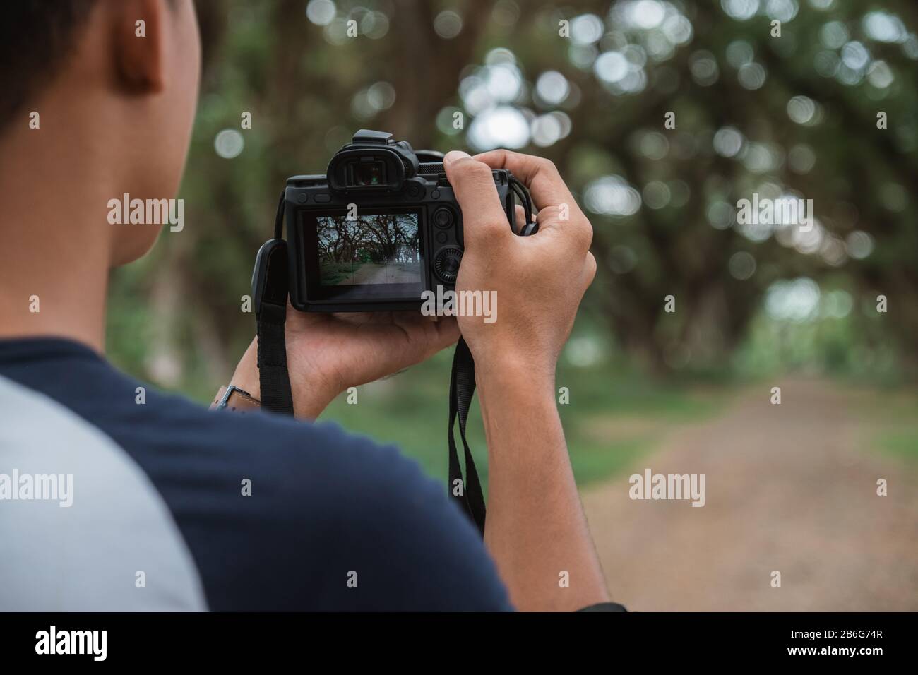 Porträt einer Hand eines Mannes, die eine Kamera hält, die zwischen großen Bäumen ein Bild von der Straße aufnehmen kann Stockfoto Porträt einer Hand eines Mannes, die eine Kamera hält, die zwischen großen Bäumen ein Bild von der Straße aufnehmen kann Stockfoto