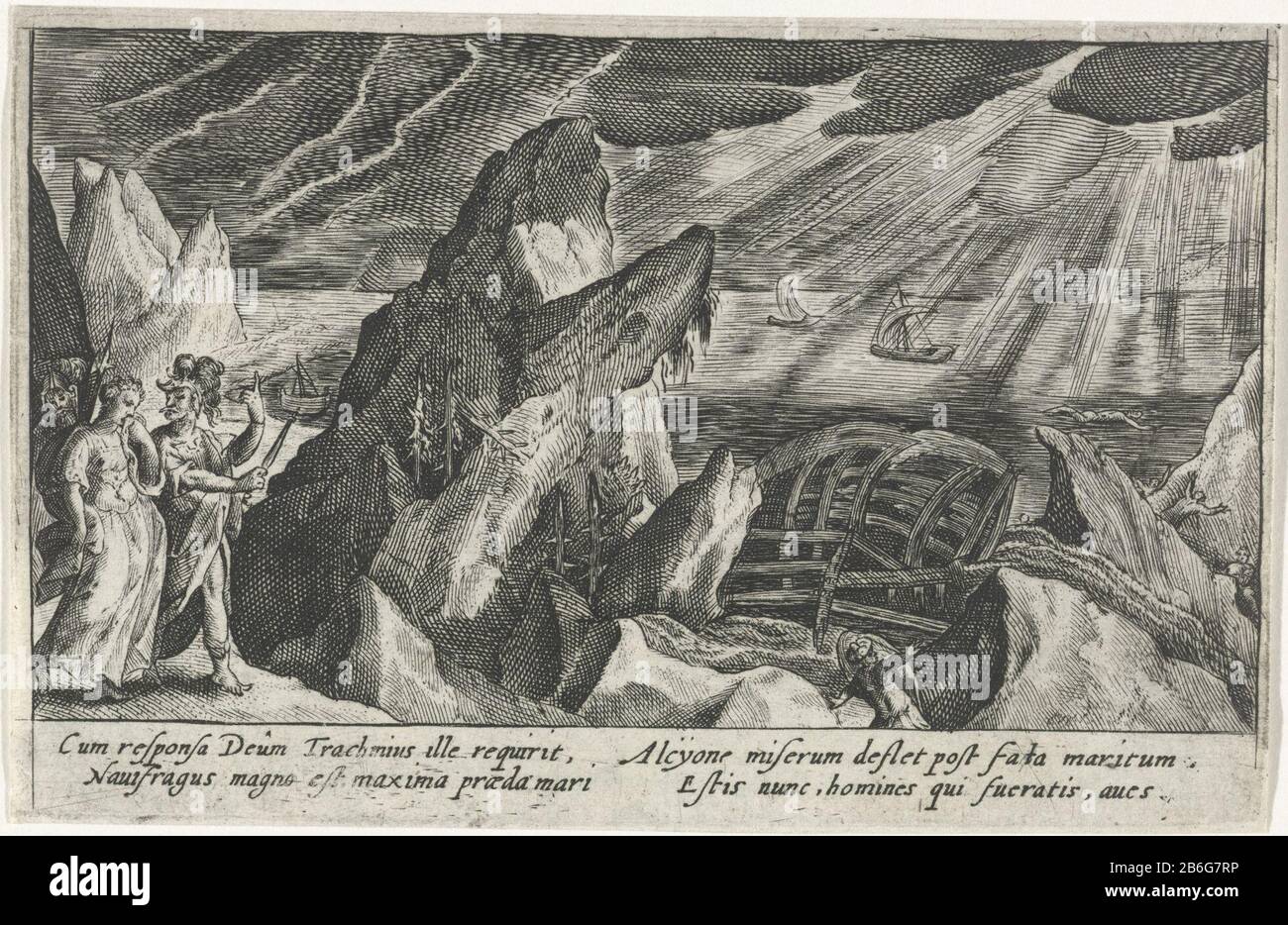 Ceyx stammt aus einem Schiffbruch Metamorphosen von Ovid (Serientitel) Alcyone trauert um ihren geliebten Ceyx, der nach einem Schiffbruch ertrunken ist. Am Rand einer vierzeiligen Signatur, in zwei Spalten, im Latijn. Hersteller : Druckmaschine: Crispijn von de Passe (I) Ort Herstellung: Köln Datum: 1602 - 1607 Physikalische Eigenschaften: Engra-Material: Papiertechnik: Engra (Druckverfahren) Maße: Blatt: H 86 mm × W 132 mm Betreff: Ceyx Schiffbrüchig und ertrunken auf See Stockfoto