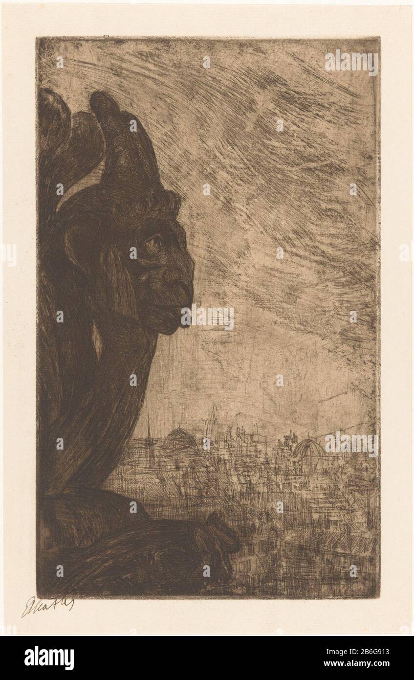 Ein Bild eines Monsters mit Hörnern und Flügeln auf der Notre Dame de Paris. Im Hintergrund die Stad. Hersteller: Druckmaschine: Etha Fles (persönlich unterzeichnet) Datum: 30-1910 Physikalische Merkmale: Lack mou, Trockenpunkt und Plattenton braunes Material: Papiertechnik: Lack mou / Trockennadel / Plattentonabmessungen: Plattenkante: H 265 mm × b mm Betreff 163: Schmuck  groteske Stadtansicht allgemein; "Veduta" Stockfoto