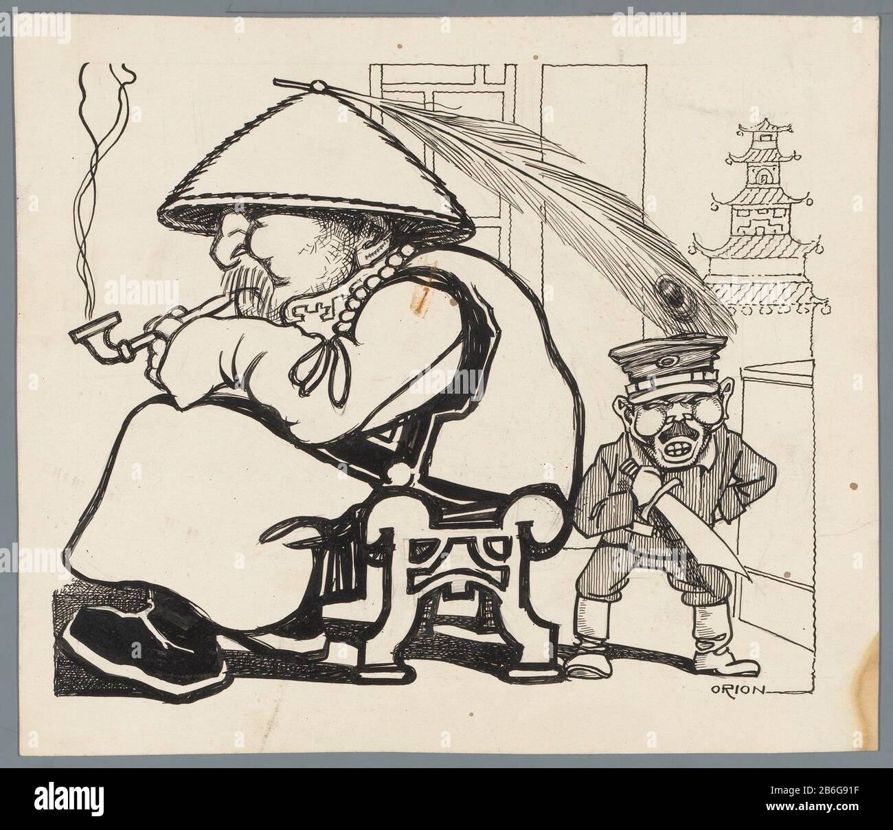 China en Japan, A-505-134 EIN wenig wütender japanischer Soldat mit einem gezogenen schweren d, der hinter einem großen rauchenden Chinesen steht. Entwurf eines politischen Spottlofs. Hersteller: Künstler: Patricq Crown (persönlich signiert) Ort Herstellung: Niederlande Datum: 1900 - 1935 Physikalische Merkmale: Bleistift, Stift und Bürste in schwarzem Material: Papiertinte Bleistift-Technik: Stift-/Bürstenabmessungen: H 205 mm × W 240 mm Datum: 1900 - 1935 Stockfoto
