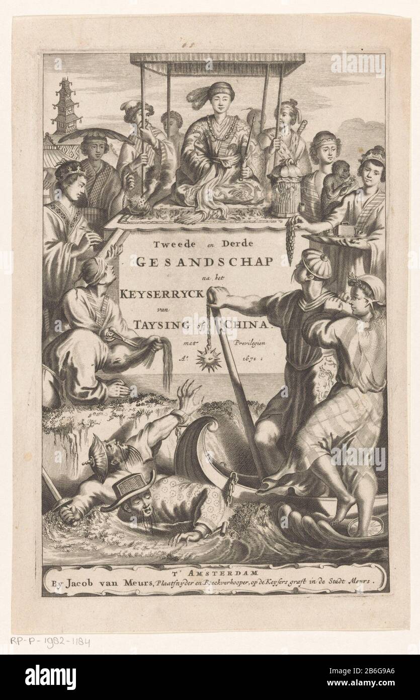 Titelseite des chinesischen Kaiserthrons für Olfert Dapper, Zweite und Dritte Gesandschap nach Keyserryck von Taysing von China, 1671 ein chinesischer Kaiser, der quer unter einem Baldachin auf einem Thron sitzt. Rund um den Kragen mit einem Who: Rookvat, ein Buch, ein Affe und ein Tablett Essen. Der linke Teil an einer knienden Figur, der Haarschnitt. Im Vordergrund stehen zwei Figuren mit einem Verein im Boot, im Wasser sind zwei verkettete figuren. Hersteller : Druckhersteller: Anonymer Verleger: Jacob van Meurs (angegeben auf dem Objekt) Anbieter von Berechtigungen: Anonym (auf dem Objekt angegeben) Ort Herstellung: Amsterdam Datum Stockfoto