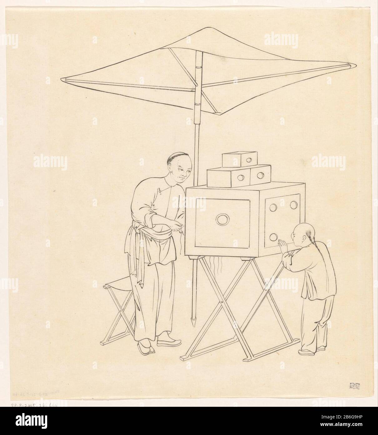 Chinesische Peepshow Unter einem Sonnenschirm ist ein chinesischer Mann mit einer Peepshow, ein Junge, der durch eine Wildleber blickt. Hersteller: Druckmaschine: Anonymer Termin: CA. 1800 - ca. 1899 Physikalische Merkmale: Holzschnitt auf chinesischem Papiermaterial: Chinesische Papiertechnik: Holzschnitt Abmessungen: Blatt: H 291 mm × W 272 mm Betreff: Vorstellung im Freien (Vergnügungsmesse) PEEP-Show Sonnenschirm, sunshadeChinesisch Stockfoto