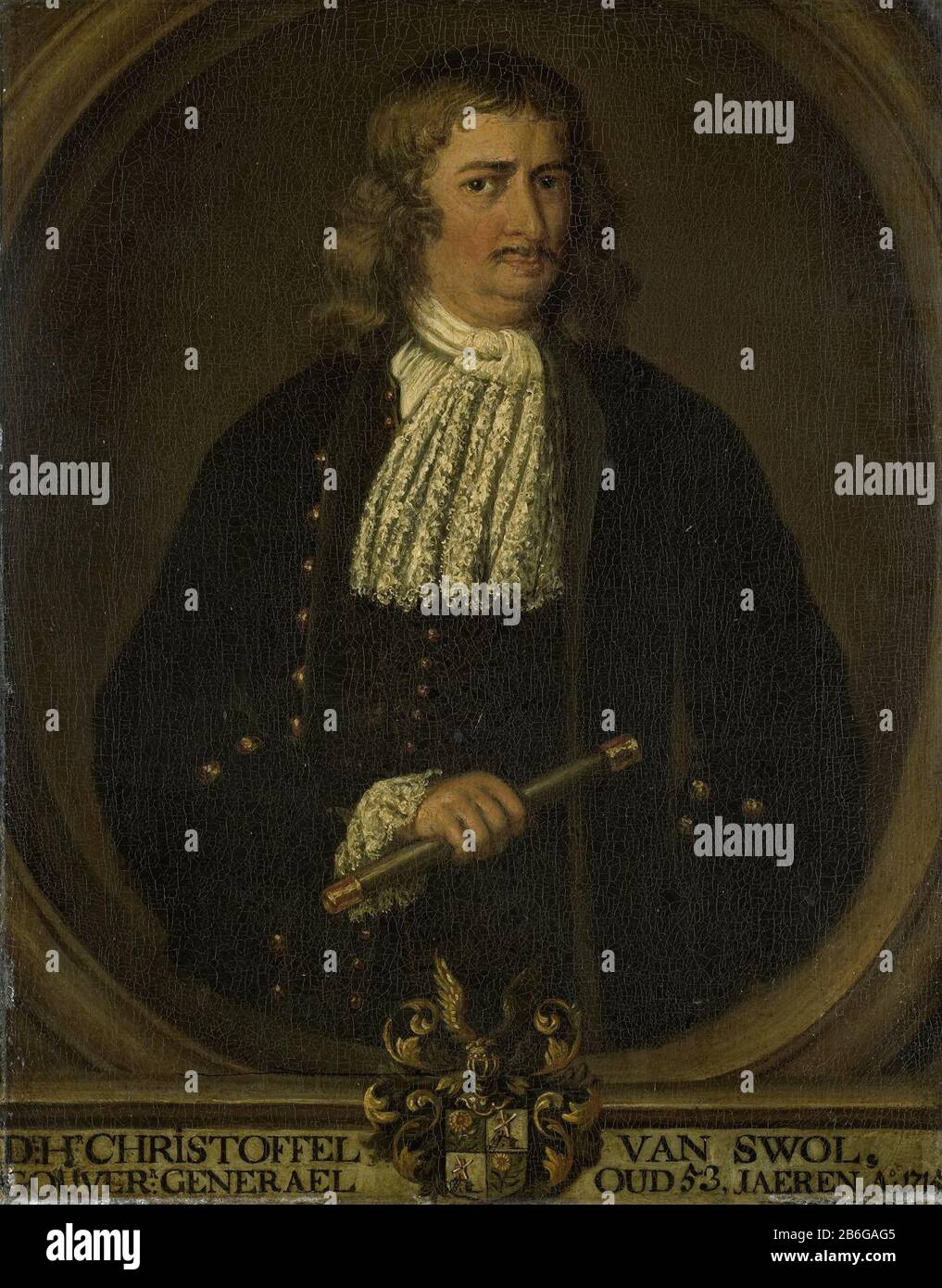 Christoffel von Swoll (1663-1718), Gouverneur (1713-18), SK-A-4541 Porträt von Christopher von Swoll (1663-1718). Gouverneur General (1713-18). Auf halber Länge stehend, oval, Kopf leicht nach rechts. Befehlsstab in der rechten Hand. Teil einer Reihe von Kopien von Porträts der Gouverneure General der ehemaligen niederländischen Ostindien Wo: Offenbar von der niederländischen Ostindien-Gesellschaft. Kopieren auf SK-A-3772. Hersteller: Maler: Henry van den Bosch (Kopie bis) Datum: 1.750 - 1.800 Physikalische Eigenschaften: Öl auf Leinwand Material: Stofföl Abmessungen: Träger: H 35 cm. B × 26,5 cm Außenabmessungen Stockfoto