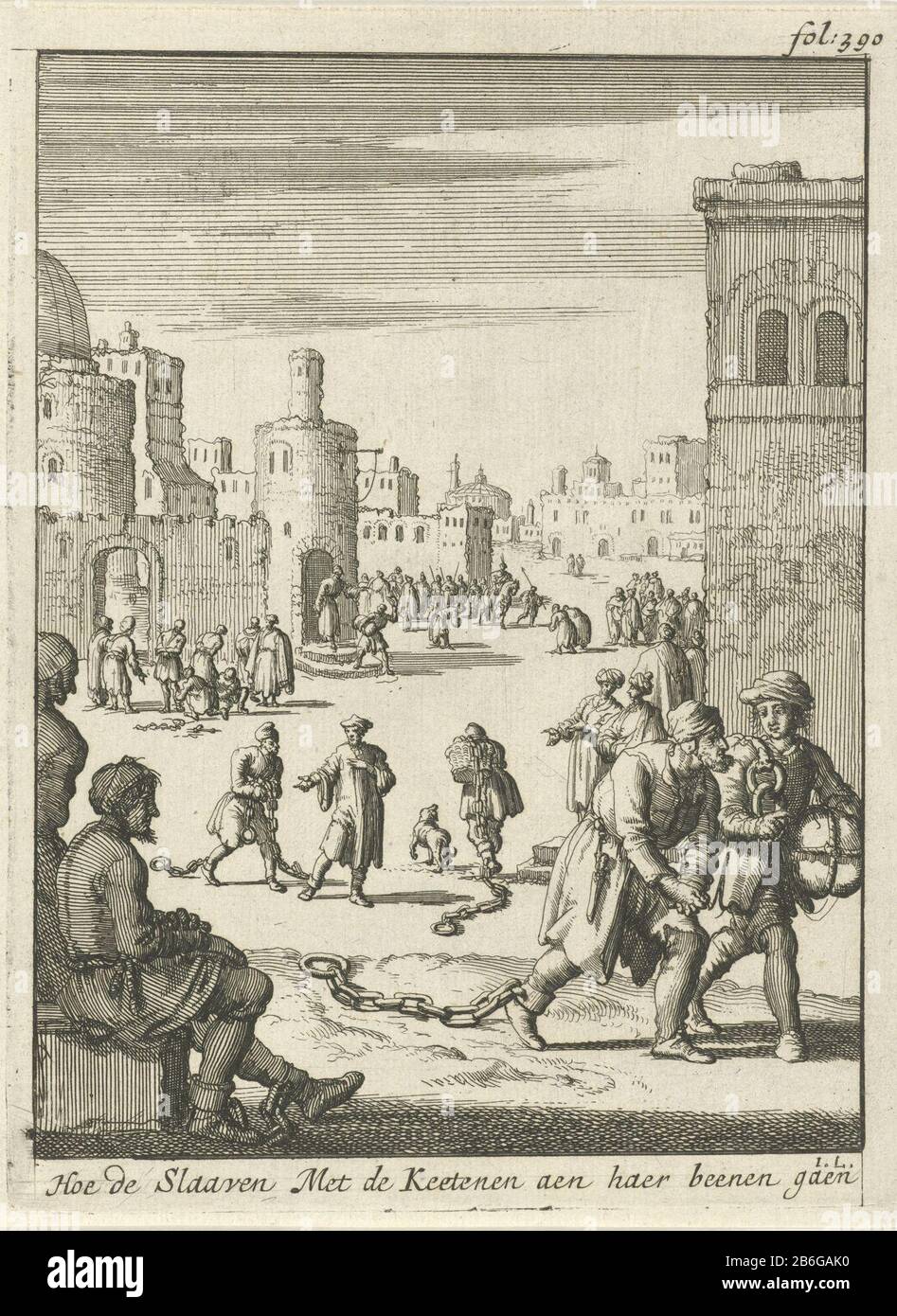 Christliche Sklaven bewegen sich mit Ketten zu ihren Knöcheln fort wie die Sklaven mit den Shack Ones aen haer Legs Gaen (Titelobjekt) rechts beschriftet drucken: FOL: 390. Hersteller : Druckerhersteller Jan Luyken (denkmalgeschütztes Gebäude) Herausgeber: Jan Claesz ten Hoor Herstellung: Amsterdam Datum: 1684 Physikalische Merkmale: Ätzmaterial: Papiertechnik: Ätzmaße: Blatt: 173 mm × h 130 b mmToelichtingIllustratie von: Then, Pierre. Geschichte von Barbaryen und sogar von Seeräubern, zwei Teile. Amsterdam: Jan Claesz in Hoorn, 1684. Betrifft: Häftling aus dem Slave-Handel; fetter in Stockfoto
