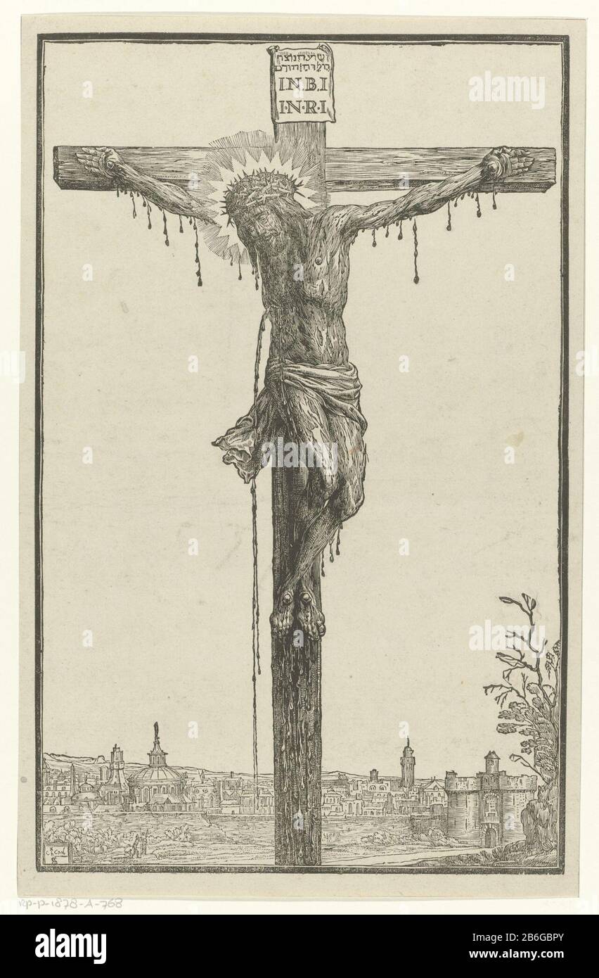 Christus am Kreuz Christus genagelt zum Kreuz, das Blut fließt an verschiedenen Stellen von seinem Körper. Im Hintergrund die Stadt Jeruzalem. Hersteller: Druckmaschine: K. Cool (denkmalgeschütztes Gebäude), entworfen von Antoine Sallaert (denkmalgeschütztes Eigentum) Ort Herstellung: Niederlande Datum: 1600 - 1699 Physische Merkmale: Holzschnittmaterial: Papiertechnik: Holzschnitt Abmessungen: Blatt: H 388 mm × W 250 mm Betreff: Kreuzigung Christi: Tod Christi am Kreuz; Kalvarienberg (Matthäus 27: 45-58; Mark 15: 33-45; Lukas 23: 44-52; Johannes 19: 25-38) Wo: Jerusalem Stockfoto