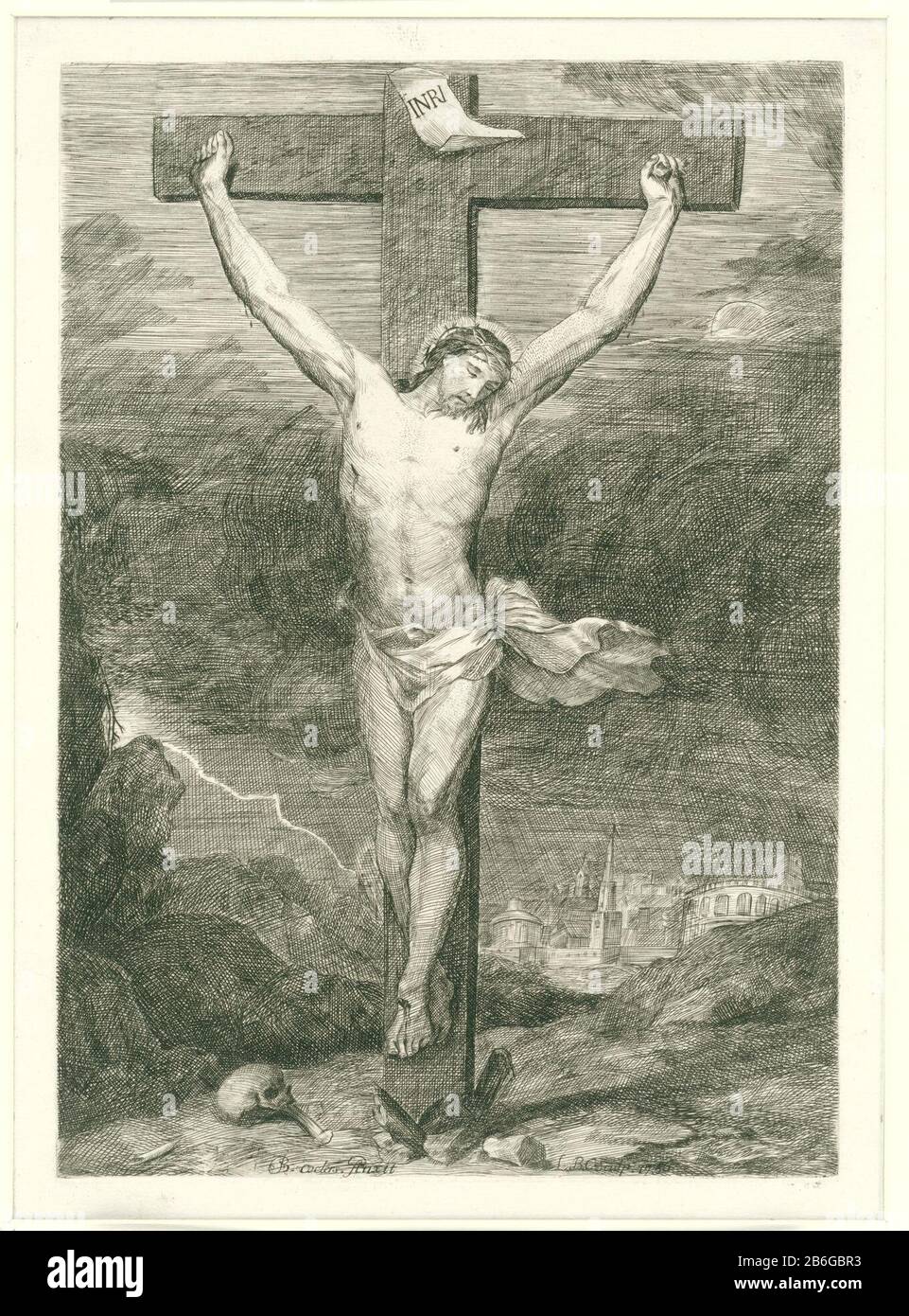 Christus am Kreuz Christus hängt am Kreuz. In der abgelegenen rechten Stadt Jeruzalem. Hersteller : Druckhersteller: Louis Bernard Coclers (unter Denkmalschutz) zum Lackieren: Jean-Baptiste Coclers (unter Denkmalschutz stehende Immobilie) Herstellung: Liège Datum: 175f Physische Merkmale: Fahrzeugmaterial: Papiertechnik: Engra (Druckverfahren) Abmessungen: Plattenkante: H 322 mmlaatrand b 225 mm Subjekt (Schädel oder Skelett von) Adam am Fuß des Kreuzes Christi (ikonographische Besonderheit, die nur als zusätzliche Notation verwendet werden soll) Wo: Jerusalem Stockfoto