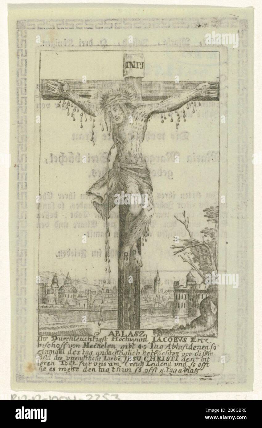 Christus am Kreuz Christus genagelt zum Kreuz, das Blut fließt in verschiedenen Körperteilen. Im Hintergrund die Stadt Jerusalem. Im unteren Rand sieben Zeilen deutscher Text. Nachsicht von Erzbischof Jacob Mechelen. Hersteller: Druckmaschine: Ch. Cool zur Gestaltung: Antoine SallaertPlaats Herstellung: Niederlande Datum: 1600 - 1699 Physische Merkmale: Holzschnitt und Textdruck auf der Verso Material: Papiertechnik: Holzschnitt / Druckformate: Blatt: H 112 mm × W 71 mm Betreff: Die Kreuzigung Christi: Christi Tod am Kreuz; Kalvarienberg (Matthew 27: 45-58; Mark 15: 33-45; Lukas 23: 44-52; J Stockfoto