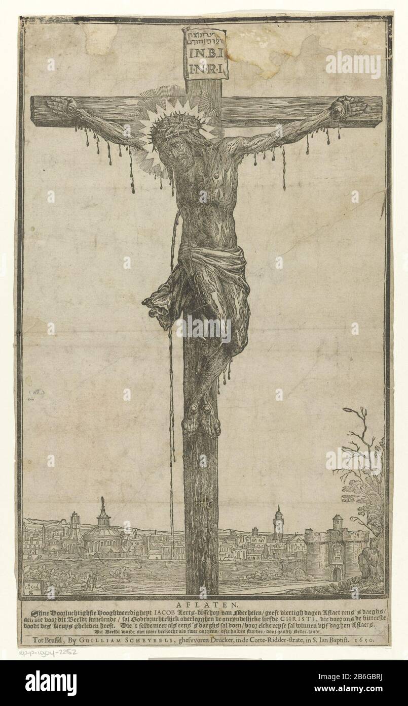 Christus am Kreuz Christus genagelt zum Kreuz, das Blut fließt an verschiedenen Stellen von seinem Körper. Im Hintergrund die Stadt Jerusalem. In einem Kontext vier Zeilen niederländischer Text. Nachsicht von Erzbischof Jacob Mechelen. Hersteller: Druckmaschine: Ch. Cool (denkmalgeschütztes Gebäude), entworfen von Antoine Sallaert (denkmalgeschütztes Gebäude) Herausgeber: Guilliam Scheybels (denkmalgeschütztes Eigentum) Herstellung: Druckmaschine: Niederlande Herausgeber: Brüssel Datum: 1.650 Physische Merkmale: Holzschnitt und Textdruck Material: Papiertechnik: Holzschnitt / Druckformate: Blatt: H 403 mm × W 239 mm Betreff: Die Kreuzigung von Chris Stockfoto