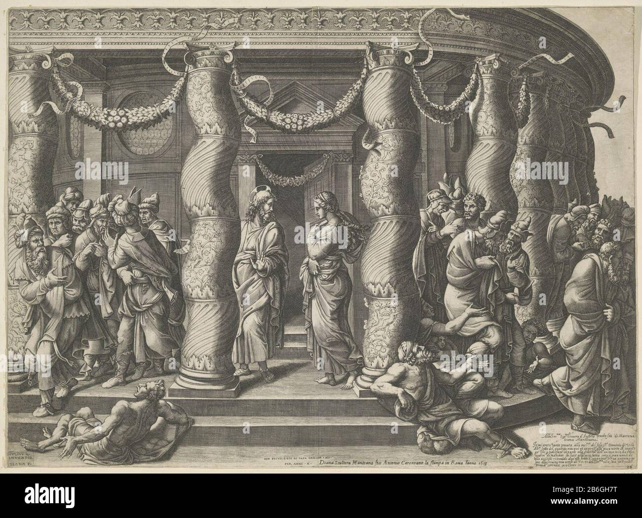 Christus und die Ehebrecherin Der Pharisäer bringen einen Ehebruch zu Christus, um ihn über ihren Vergehen richten zu lassen. Sie stehen zwischen den verdrehten Säulen eines Rundtempels. Auf den Stufen verschiedene Strahlare. Hersteller : Druckmaschinenfirma Diana Mantuana (denkmalgeschütztes Gebäude), entworfen von Giulio Romano (denkmalgeschütztes Gebäude) Herausgeber: Anthony Carenzanus (denkmalgeschütztes Eigentum) Träger des Privileges: Gregor XIII (denkmalgeschütztes Gebäude) im Auftrag von Diana Mantuana (denkmalgeschütztes Gebäude) gewidmet: Eleanor von Habsburg (denkmalgeschütztes Eigentum) Ort Herstellung: Druckmaschine: Italien zur Gestaltung: Verleger Italien: Rom Grantor des Privire: Vatikan Stockfoto