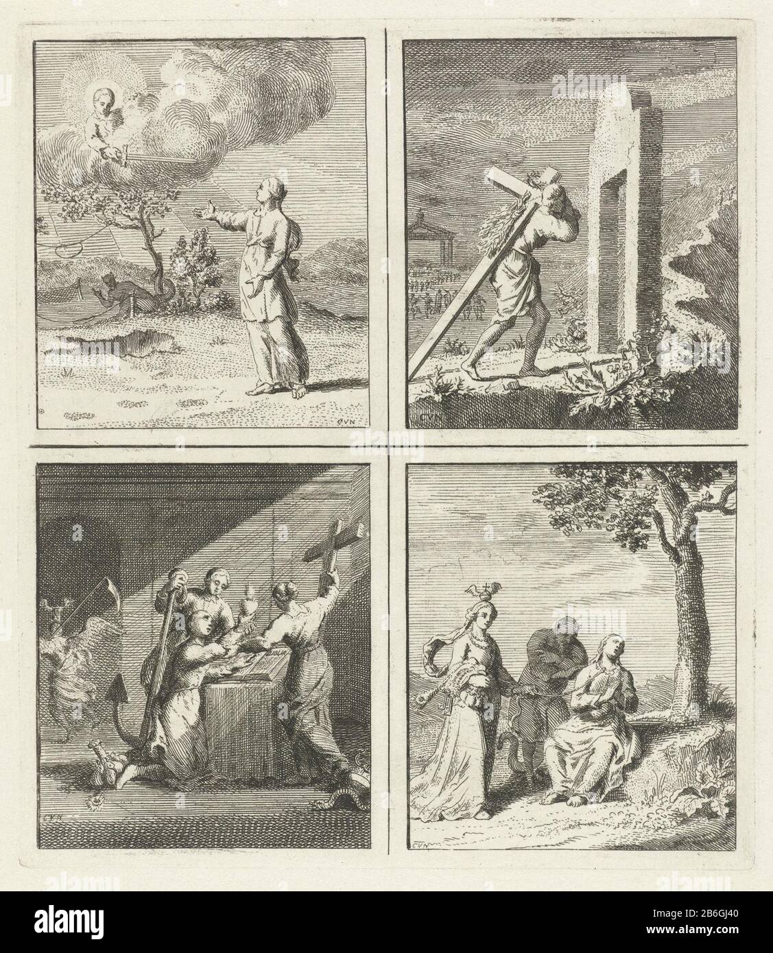 Christus gibt das Schwert, das der Glaubensmann durch die enge Pforte geht, die Frau gibt ihr Herz Gott und der Teufels-Dame Welt Vier Aufführungen. Links oben: Eine Frau erhält von Christus das Schwert des Glaubens, damit sie gegen den Teufel kämpfen kann. Der Teufel sitzt an einem Baum und fällt von ihr ab. Oben rechts: Ein Mann läuft mit einem Kreuz auf dem Rücken durch das enge Tor. Im Hintergrund gehen die Menschen durch das breite Tor. Unten links: Eine Frau trägt ihr Herz auf Gott, Glauben und Hoffnung, während sie sie unterstützt. Unten rechts: Eine Frau, die zu Gott betet, während die Frau Welt und der Teufel ihre Belagen sind. Hersteller: Druckmaschine Cornel Stockfoto