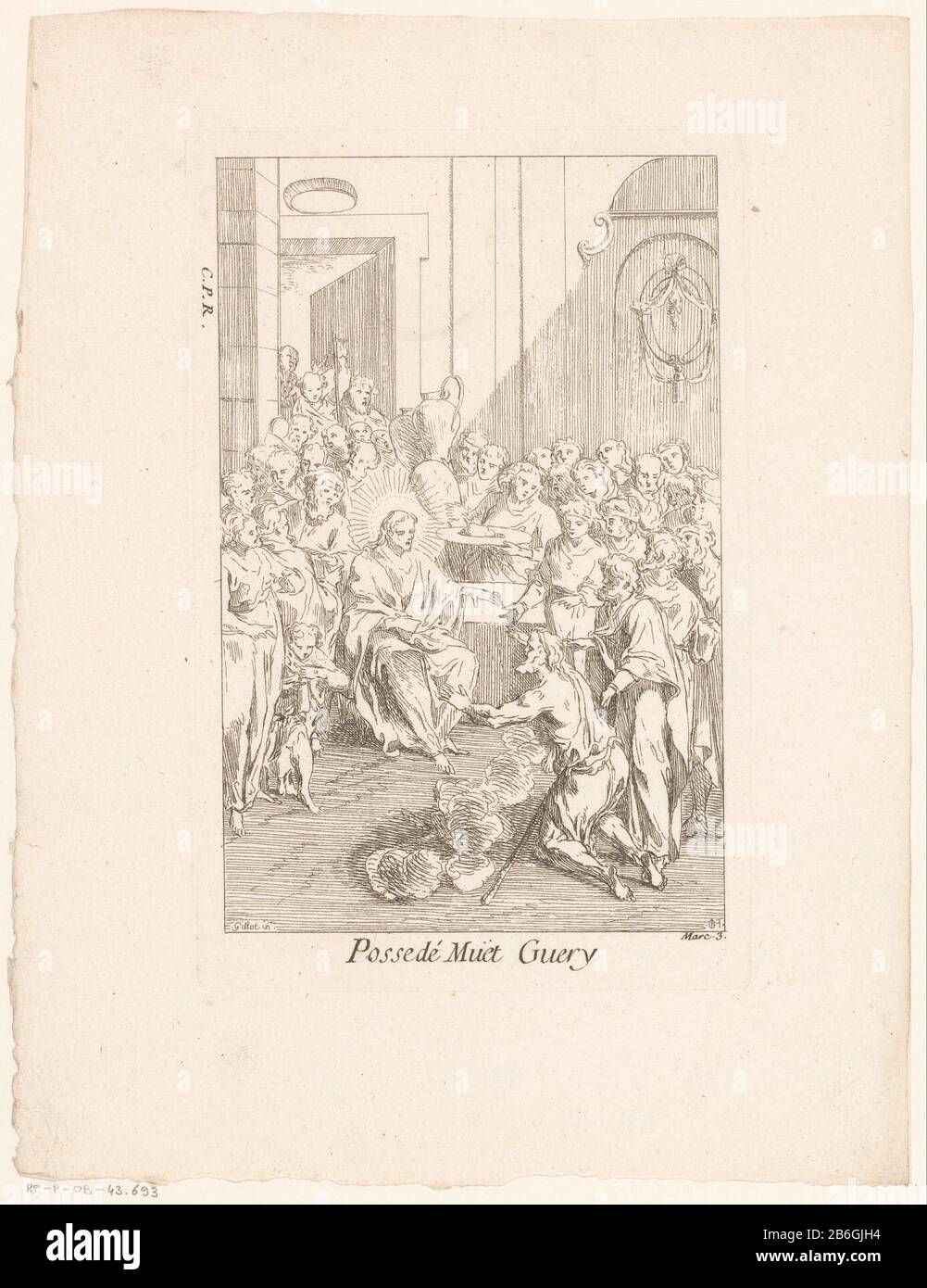 Christus heilt das besessene und stompossedé MUET Guery (Titelobjekt) Leben und die Passion Christi (Serientitel) La Vie de N.S. Jesus C. (Serientitel) Objekttyp: Bild Artikelnummer: RP-P-ob-43.693Katalogisreferentie: IFF 18e siècle 734 Aufschriften / Marken: Sammlermarke, verso, gestempelt: Lugt 2228 Hersteller: Druckerhersteller Gabriel Huquier (denkmalgeschütztes Gebäude) Druckerhersteller Jacques Gabriel Huquier (möglich) zur Gestaltung: Claude Gillot (Verlag François: Gabriel Chaurener) Privileg: Gabriel Huquieruer Französische Krone (börsennotiertes Eigentum) Herstellung: Druckmaschine Stockfoto