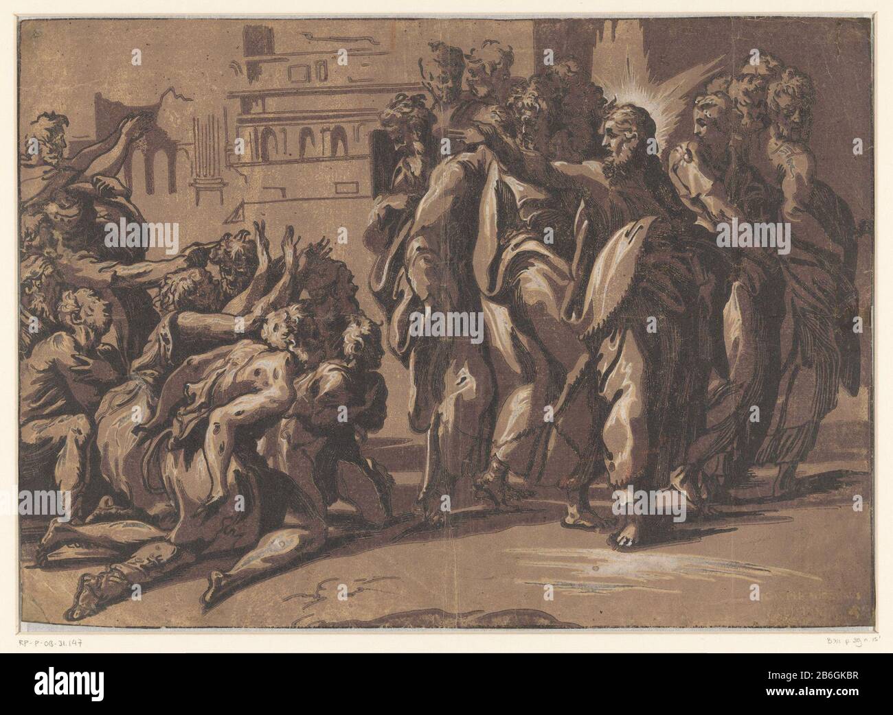 Christus heilt den Aussätzigen Christus mit den Aposteln und eine Gruppe, die Melaatsen fleht. Hersteller: Druckmaschine: Niccolò Vicentino (Listed Property) entworfen von: Parmigianinoplaats Herstellung: Italien Datum: CA. 1540 - 1550 Physikalische Merkmale: Chiaroscuro-Holzschnitt in Schwarz und Braun; gedruckt aus einer Holzblocklinie und zweifarbigen Holzblöcken Material: Papiertechnik: Chiaroscuro Holzschnittgröße: Blatt: H 297 mm × W 414 mm Betreff: Christus heilende Aussätzige Stockfoto