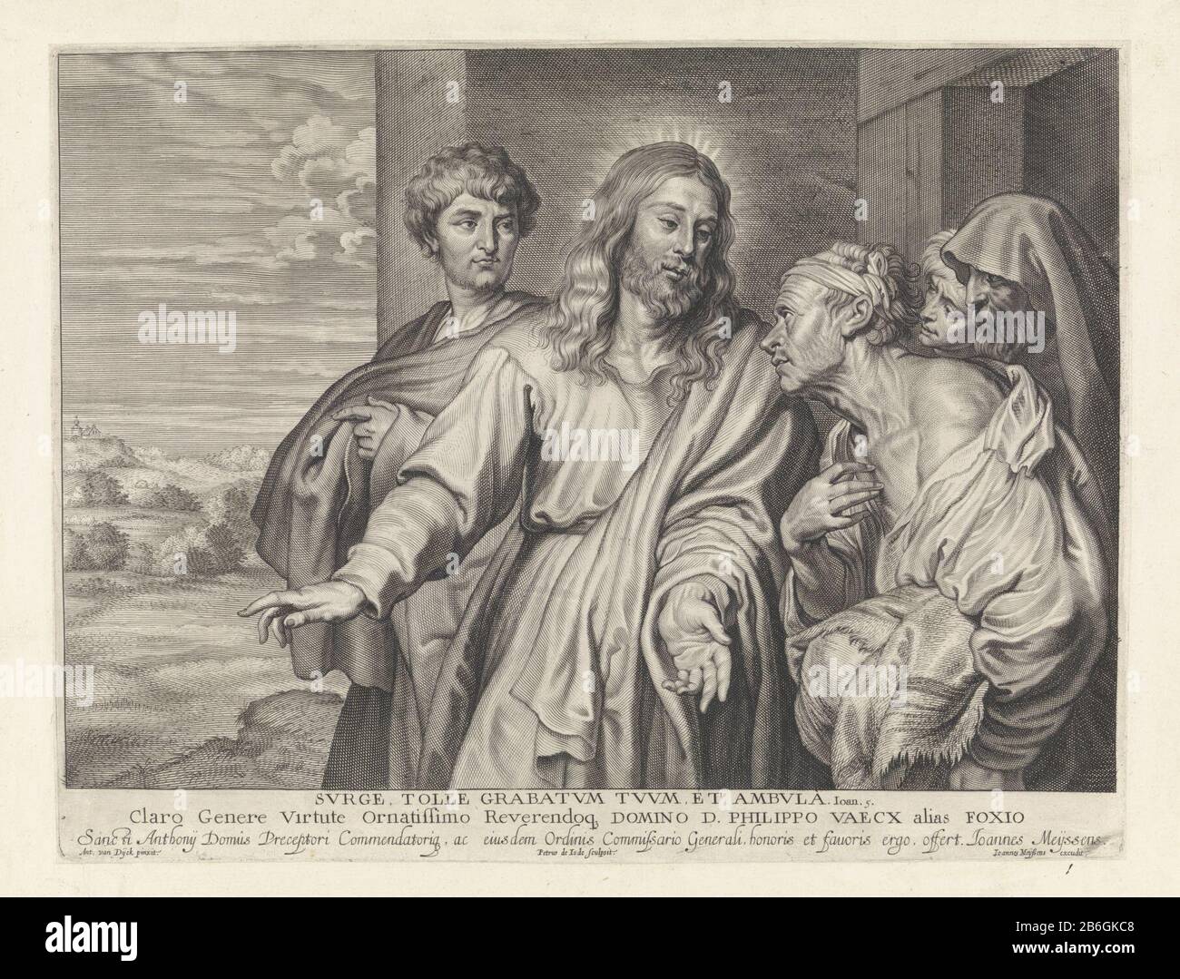 Christus heilte einen Krüppel Christus heilt einen gelähmten Objekttyp: Bild Artikelnummer: RP-P-ob-7817Katalogusreferenz: Hollstein Hollstein Dutch 11-1 (2) New Hollstein Dutch 515-1 (2) Markierungen / Marken: Sammlermarke, verso links, gestempelt : Lugt 240opschrift, verso unten links handschriftlich in brauner Tinte: '181er'ophrift, rechts unten, Hand in brauner Tinte geschrieben:' 62 '(nur teilweise sichtbar) Beschreibung: Christus heilte einen Krüppel (JN. 5). Drei Leute, die zuschauen. Links in der Hintergrundansicht einer Landschaft. Im Rand eine Überschrift im Latijn. Hersteller : Druckerhersteller Pieter de Jode (II) (denkmalgeschütztes Gebäude) Stockfoto