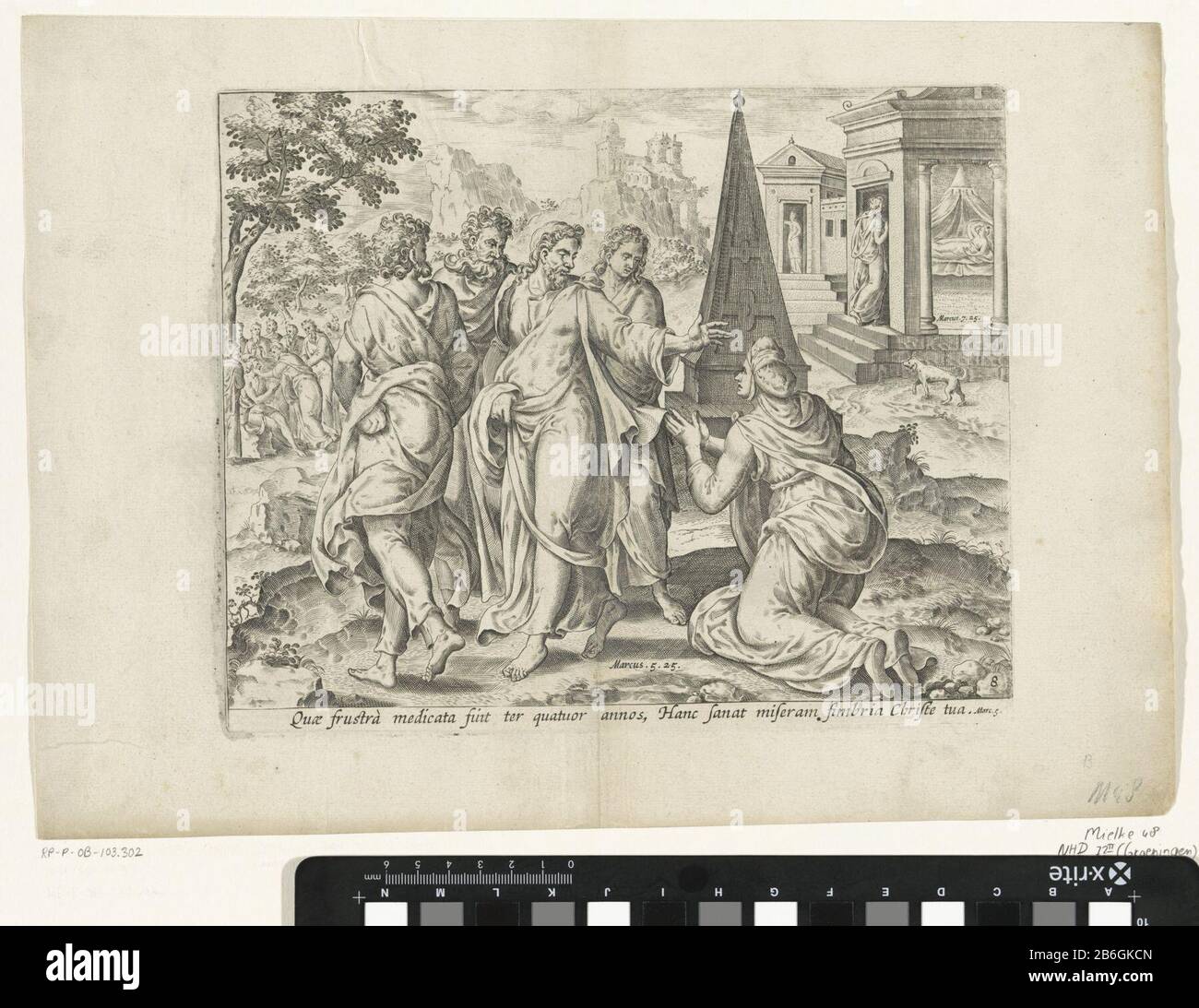 Christus heilt eine Frau, die an Blutverlusten Wunder Christi leidet (Serientitel) Thesaurus sacrarum historiarum veteris testamentiti () (Serientitel) Een vrouw die aan Blähungen leed knielt voor Christus. ZE is Genezen toen zij zijn kleed aanraakte. Christus keert zich naar haar toe. Recht op de achtergrond gaat de vrouw een huis binnen. Links op de achtergrond Geneest Christus een blinde man. On de voorstelling een verwijzing in het Latijn naar de Bijbeltekst in Mär 5:25. Hersteller : Hersteller: Hans Collaert (i)naar ontwerp van: Gerard van Groeningenuitgever: Claes Jansz. Visscher Stockfoto
