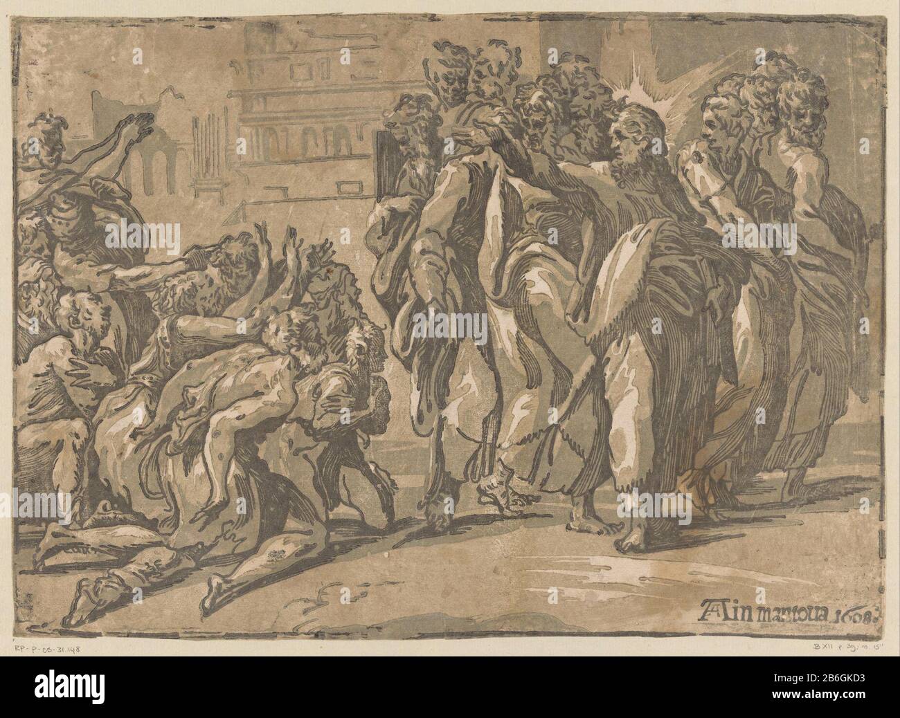 Christus heilt den Aussätzigen Christus mit den Aposteln und eine Gruppe, die Melaatsen fleht. Hersteller : Druckmaschine: Niccolò Vicentinonaar-Design: Parmigianinouitgever: Andrea Andreani (Listed Property) Ort Herstellung: Druckmaschine: Italien Herausgeber: Mantua Datum: 1608 Physikalische Merkmale: Chiaroscuro Holzschnitt in Schwarz und Braun; gedruckt aus einer Holzblocklinie und zweifarbigen Holzblöcken Material: Papiertechnik: Chiaroscuro Holzschnitt: Größe: H 299 mm × W 420 mm Betreff: Christus heilende Aussätzige Stockfoto