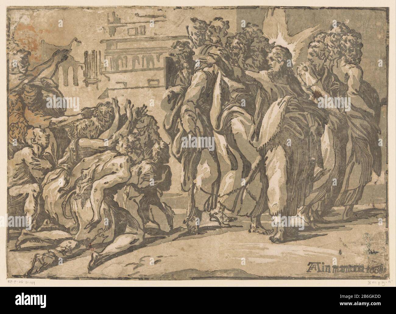 Christus heilt den Aussätzigen Christus mit den Aposteln und eine Gruppe, die Melaatsen fleht. Hersteller : Druckmaschine: Niccolò Vicentinonaar-Design: Parmigianinouitgever: Andrea Andreani (Listed Property) Ort Herstellung: Druckmaschine: Italien Herausgeber: Mantua Datum: 1608 Physikalische Merkmale: Chiaroscuro Holzschnitt in Schwarz und Braun; gedruckt aus einer Holzblocklinie und zweifarbigen Holzblöcken Material: Papiertechnik: Chiaroscuro Holzschnitt: Größe: H 299 mm × W 422 mm Betreff: Heiler Christus Stockfoto