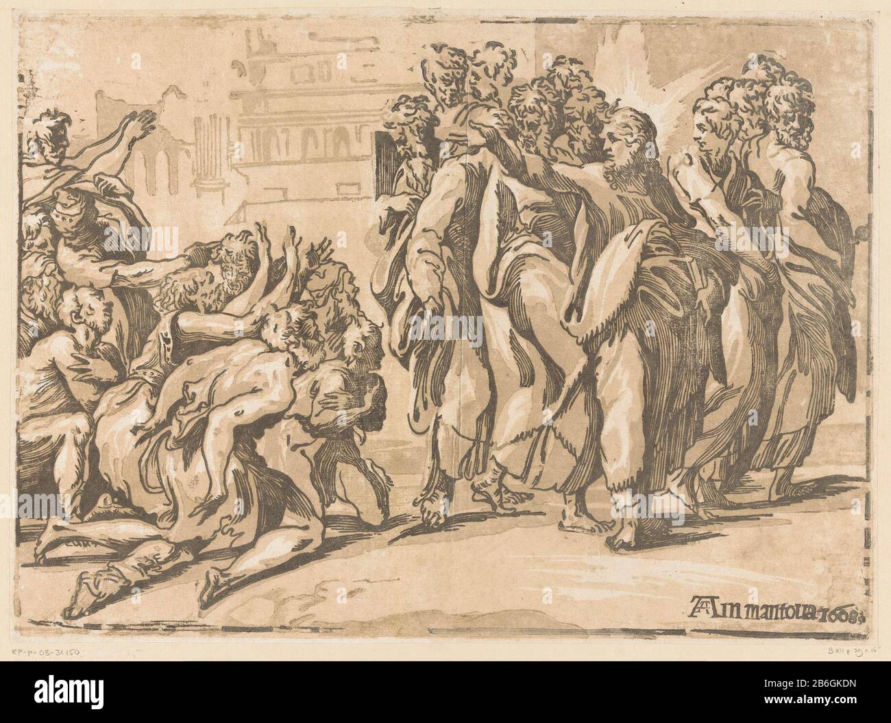 Christus heilt den Aussätzigen Christus mit den Aposteln und eine Gruppe, die Melaatsen fleht. Hersteller : Druckmaschine: Niccolò Vicentinonaar-Design: Parmigianinouitgever: Andrea Andreani (Listed Property) Ort Herstellung: Druckmaschine: Italien Herausgeber: Mantua Datum: 1608 Physikalische Merkmale: Chiaroscuro Holzschnitt in schwarz und braun; bedruckte Linie eines Holzblocks und aus zwei Holzblöcken Tonmaterial: Papiertechnik: Hell- und Dunkelholzblock Abmessungen: Bild: Bild: Bild: Bild: Bild: Bild: Bild: Bild: Bild: Bild: Bild: H 302 mm × W 415 mm Betreff: Heiler Christus Stockfoto