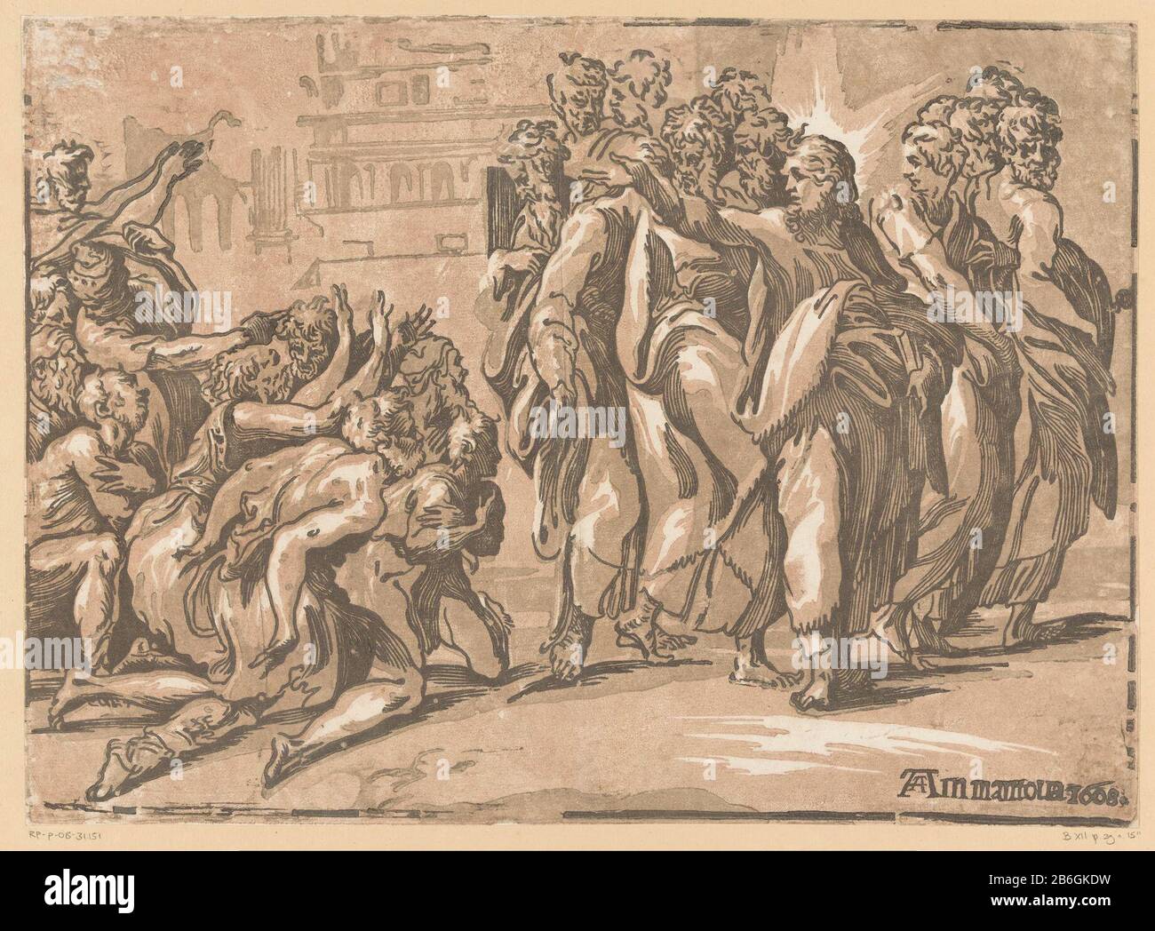 Christus heilt den Aussätzigen Christus mit den Aposteln und eine Gruppe, die Melaatsen fleht. Hersteller : Druckmaschine: Niccolò Vicentinonaar-Design: Parmigianinouitgever: Andrea Andreani (Listed Property) Ort Herstellung: Druckmaschine: Italien Herausgeber: Mantua Datum: 1608 Physikalische Merkmale: Chiaroscuro Holzschnitt in Schwarz und Braun; gedruckt aus einer Holzblocklinie und zweifarbigen Holzblöcken Material: Papiertechnik: Chiaroscuro Holzschnitt: Größe: H 301 mm × W 416 mm Betreff: Heiler Christus Stockfoto