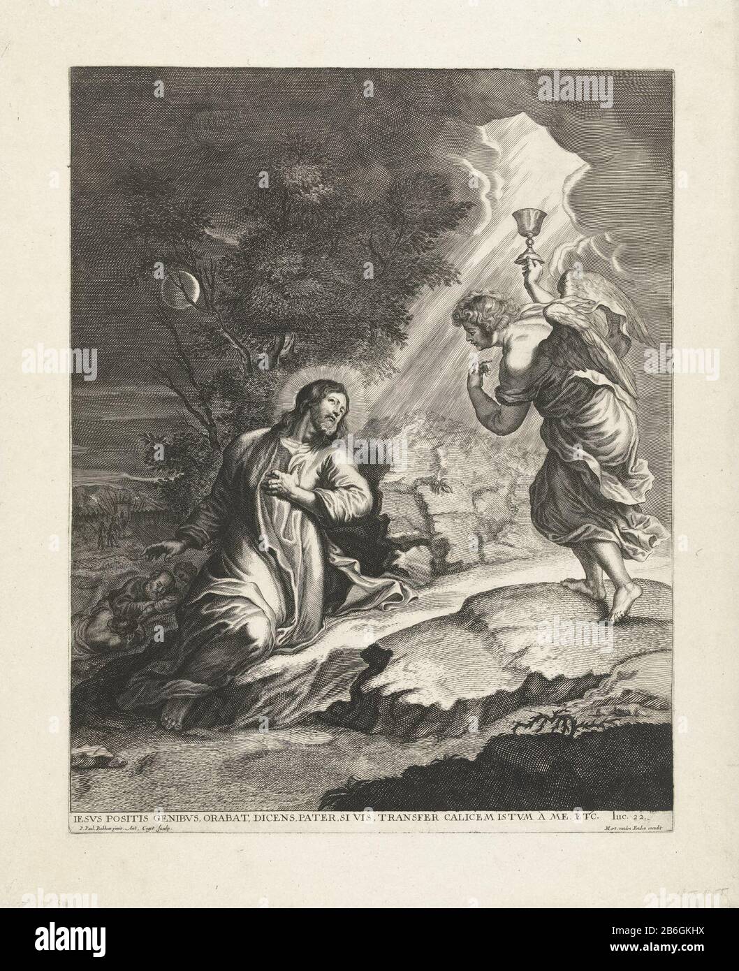 Christus im Garten Öls In der Nacht seines Verrats betet Christus vor dem Hof der Oliven. Ein Engel bringt ihm einen Kelch, um ihn zu unterstützen. Die Jünger schliefen ein und verließen ihn, um zu sehen, wie alle Soldaten, die sich Christus entwenden, Nemen gefangen haben. Hersteller : Druckerhersteller Joseph Antoine Cochet (denkmalgeschütztes Objekt) zum Gemälde von Peter Paul Rubens (denkmalgeschütztes Gebäude) Herausgeber: Martinus van den Enden (II) (denkmalgeschütztes Gebäude) Ort Herstellung: Antwerpen dating: CA. 1660 - 1678 Physikalische Merkmale: Fahrzeugmaterial: Papiertechnik: ENGRAA (Druckverfahren) Abmessungen: Plattenkante: H 428 mm × W 340 mm Motiv: C Stockfoto