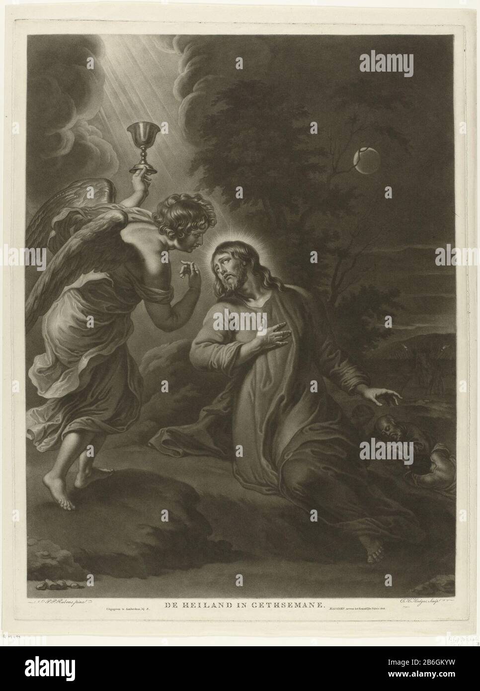 Christus im Garten von Gethsemane der Erlöser in Gethsemane (Titelobjekt) Christus betet im Garten von Gethsemane zu Gott und hat eine Vision. Wolkenhimmel ein Engel erscheint mit Kelch. Im Hintergrund stehen zwei seiner Schüler Slapen. Hersteller : Druckerhersteller Charles Howard Hodges (denkmalgeschütztes Eigentum) zu Gemälde von Peter Paul Rubens (denkmalgeschütztes Gebäude) Herausgeber Evert Maaskamp (denkmalgeschütztes Eigentum) Ort Herstellung: Amsterdam Datum: 1800Physikalische Merkmale: Mezzotint; Proofing Material: Papiertechnik: Mezzotint Abmessungen: Plattenkante: H 595 mm × W 450 mm Betreff: Agonie von Christus: Trost für ihn ein oder Stockfoto