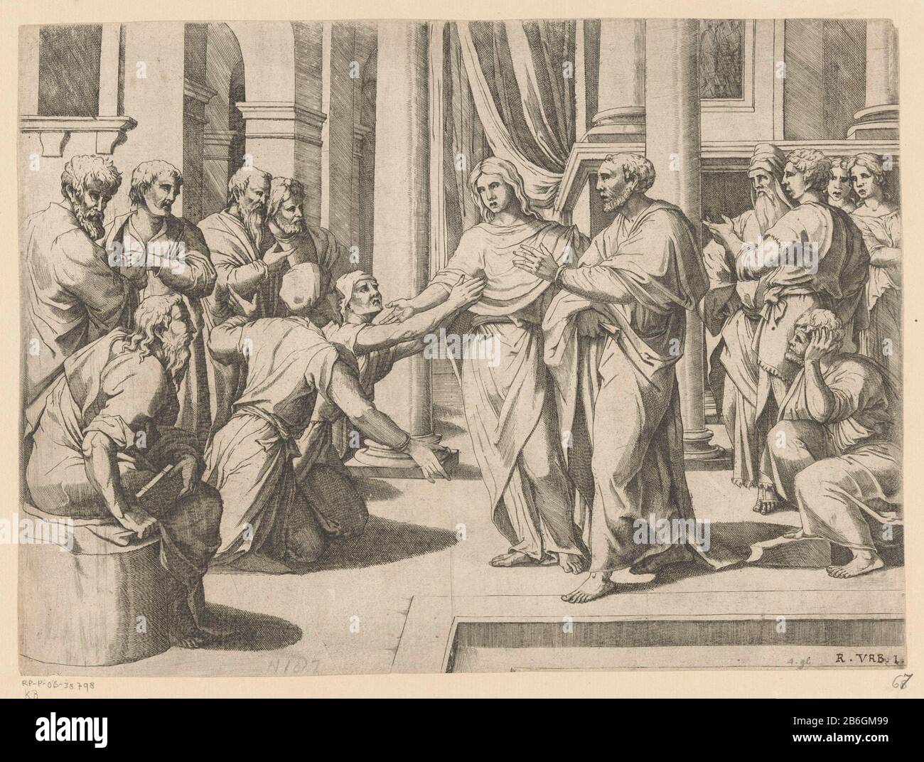 Christus im Tempel Christus im Tempel Objekttyp: Bild Artikelnummer: RP-P-ob-38.798 Aufschriften / Marken: Sammlermarke, verso, gestempelt: Lugt 240opschrift, rechts unten handschriftlich Tinte braun: 'R. URB. I.' Hersteller : Druckmaschine: Anonymer Entwurf von: Rafael (möglich) zu entwerfen: Giulio Bonasone (möglich) Herstellung: Italien Datum: 1500 - 1599 Physische Merkmale: Engra-Platte Tonmaterial: Papiertechnik: Engraa (Druckverfahren) / Plattentonabmessungen: Blatt: H 262 mm (geschnittene Innenkante) × W 354 mm (geschnittene Innenkante) Betreff: Christus predigt im Tempel Erwachsene Stockfoto