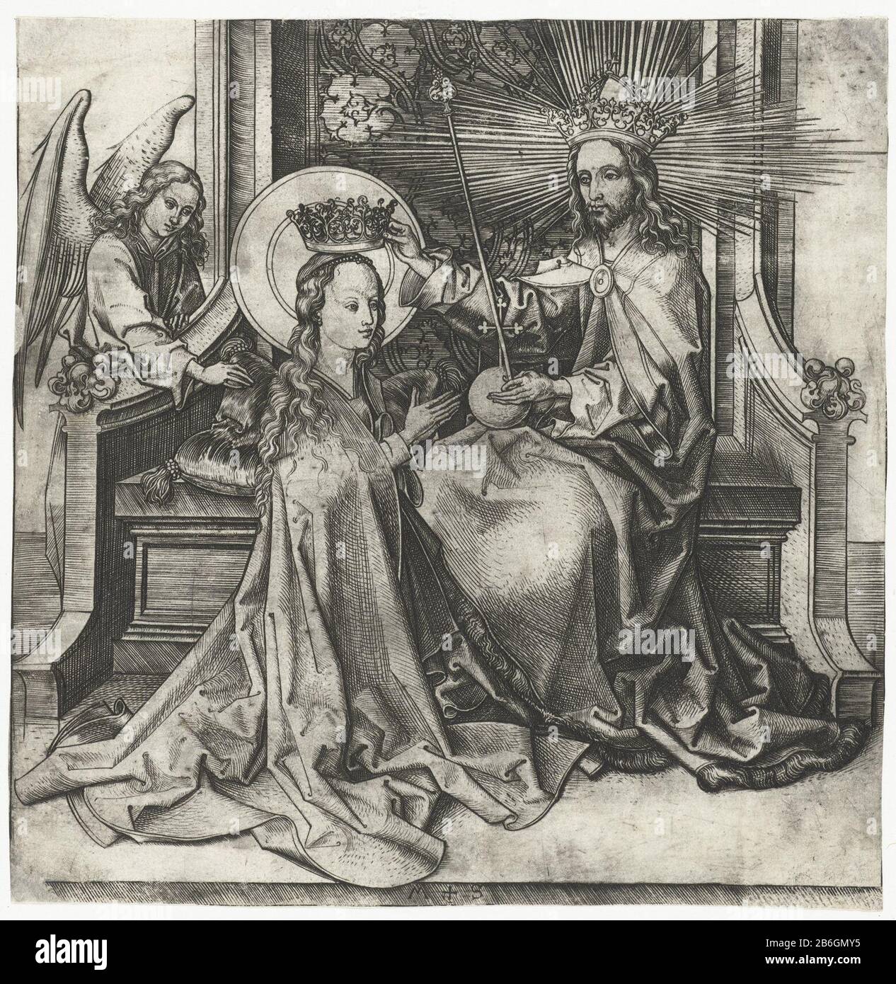 Christus, der Maria Christus krönt, ein Orb und ein Stab in der linken Hand, hat die rechte Hand eine Krone auf das Haupt Marias gelegt und vor ihm gekniet. Links legt ein Engelskissen auf die Couch, der Ort neben Christus. Hersteller : Druckerhersteller Martin Schongauer (Listed Property) Ort Herstellung: Deutschland Datum: 1470 - 1490 Physikalische Merkmale: Fahrzeugmaterial: Papiertechnik: Enga (Druckverfahren) Abmessungen: Blatt: H 159 mm × W 155 mm Betreff: Krönung Mariens durch Christus Stockfoto