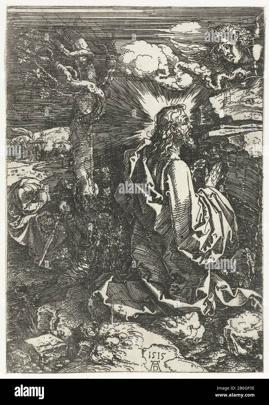 Christus auf dem Ölberg betet Christus in einem Felsen im Garten von Gethsemane, die Jünger hinter ihm liegen Slapen. Hersteller : Druckerhersteller Albrecht Dürer (börsennotierte Immobilie) Ort Herstellung: Nürnberg Datum: 1515 Physikalische Merkmale: Ijzerets-Material: Papiertechnik: Ätzmaße: Blatt: H 222 mm × W 157 mm Betreff: Christi Gebet im Garten von Gethsemane in der Nacht Stockfoto