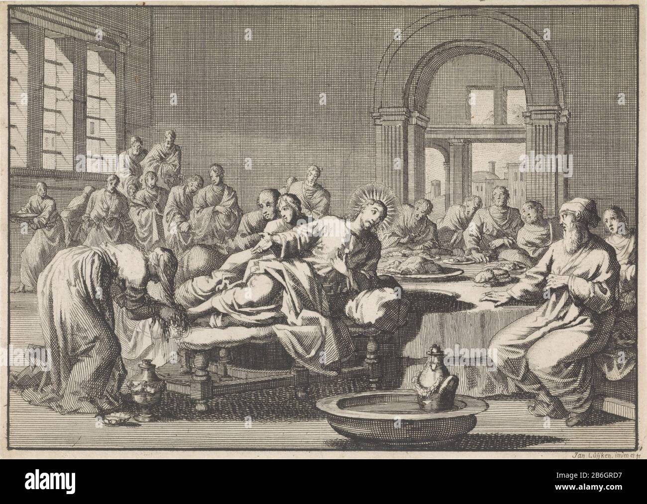 Im Hause des Simon des Pharisäers Christus liegt ein Sitz an einem Tisch. Die sündhafte Frau hat die Füße Christi gewaschen und trocknet sie mit ihr jetzt haren. Hersteller : Druckhersteller Jan Luyken (Listed Property) von Jan Luyken (Listed Building) Herausgeber: Willem BroedeletPlaats Herstellung: Amsterdam Datum: 1700 Physical Features: Radierung; Proofing Material: Papiertechnik: Ätzmaße: Blatt: H 129 mm × W 180 mmToelichtingProefduk für eine Buchillustration für Jeremy Taylor. Geschichte kein Leben und kein Dot des Onsen Saligmachers Jesus Christus. Teil III Amsterdam: Willem Broedelet, 1700, S. 7. Sub Stockfoto
