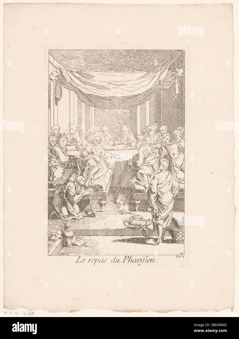 Christus, der Gast von Simon the FarizeeërLe repas du Pharisien (Titelobjekt) Leben und Passion Christi (Serientitel) La Vie de N.S. Jesus C. (Serientitel) Objekttyp: Bild Artikelnummer: RP-P-ob-43.678Catalogusreferentie: IFF 18e siècle 719 Aufschriften / Marken: Sammlermarke, verso, gestempelt: Lugt 2228 Hersteller: Druckerhersteller Gabriel Huquier (denkmalgeschütztes Gebäude) Druckerhersteller Jacques Gabriel Huquier (möglich) zur Gestaltung: Claude Gillot (Verlag François: Gabriel Chaurener) Privileg: Gabriel Huquieruer Französische Crown Place Herstellung: Druckmaschine Paris Print A Stockfoto