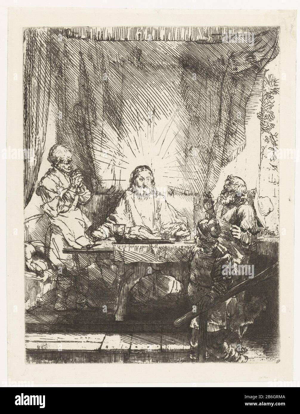 Christus in Emmaus große Platte Christus bei Emmaus: Großer Plattenobjekttyp: Bild Artikelnummer: RP-P-ob-320Katalogogusreferenz: Neuer Hollstein Hollstein Dutch 283-5 (5) Bartsch 87Opperking: ModernHollstein Dutch 87Opperking: Moderne Beschriftung / Marken: Unterschrift und Datum unten links 'Rembrandt f. 1654'opschrift, verso bottom Center, Bleistift-Coppier-Hersteller: Druckmaschine Rembrandt van Rijn (denkmalgeschütztes Gebäude) in seinem Entwurf: Rembrandt van Rijn Herausgeber: Michel und Alvin-Beaumont Bernard (möglich) Datum: 1654 und / oder 1850 - 1906 Physische Merkmale: Radierung, Trockenpunkt und burijn Material: Papier T Stockfoto