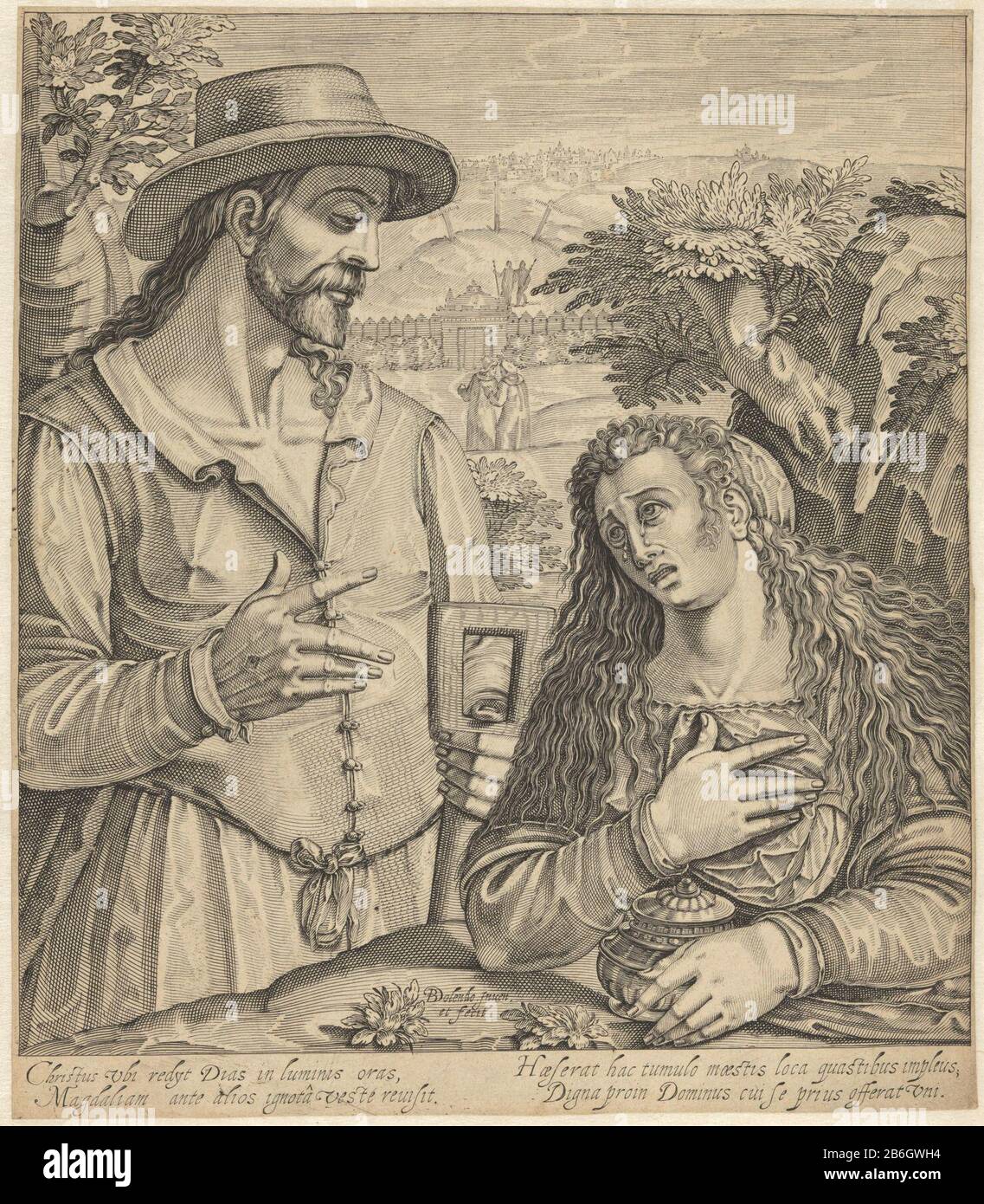Christus erscheint Maria Magdalena Noli mir Tangere. Christus erscheint Maria Magdalena als Gärtner mit einer Schaufel in der Hand und einem Hut auf dem Kopf. Magdalena hat einen Salbenbecher in den Händen und weint. Im Hintergrund Kalvarienberg mit drei Kreuzen und Jerusalem. Mit vierzeiligen Bildunterschriften in Latijn. Hersteller: Druckmaschine: Bartholomeus Willemsz. Dolendo (denkmalgeschütztes Gebäude) in seiner Gestaltung: Bartholomeus Willemsz. Dolendo (auf dem Objekt angegeben) Herstellung: Nordholländer Datum: 1590 - 1600 Physikalische Eigenschaften: Engra-Material: Papiertechnik: Engra-Abmessungen (Ausklinken): H 306 mm × W 2 Stockfoto