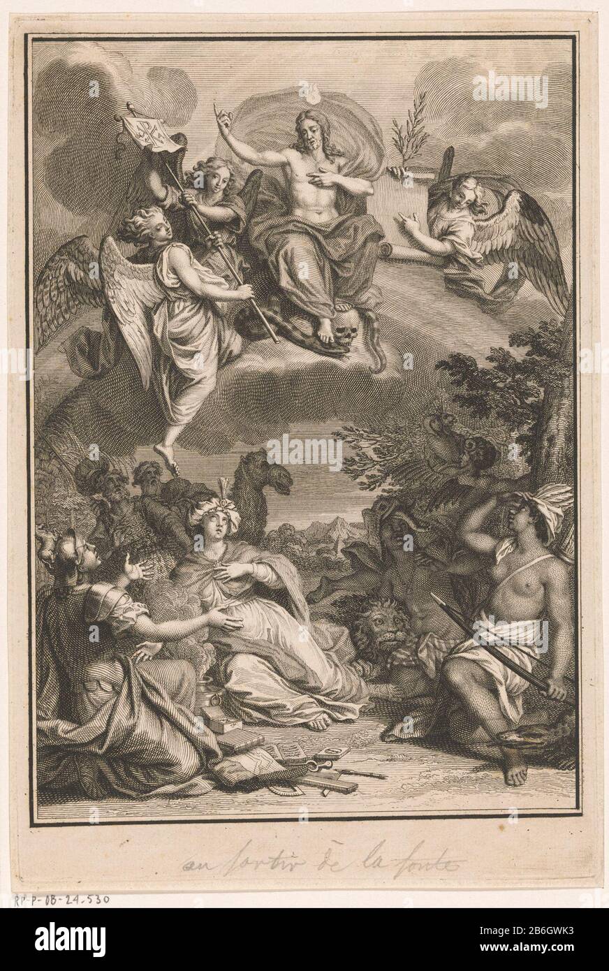 Christus erscheint den Personifikationen der Titelseite Kontinente für J Lenfant und I Beausobre, Le Nouveau Testament, 1718 Christus thront auf einem Regenbogen am Himmel, er trampelt eine Schlange und einen Schädel, das Böse, beziehungsweise den Tod. Oben leuchtet die Flamme des Eifers. Er predigt das Gospel den Personifikationen der Kontinente, die von der Erde aus zu ihm hinaufschauen. Götzendienst im rechten Hintergrund. Im Hintergrund gelassen überraschten zwei Männer das Judaismus. Mit leerem Rand. Hersteller: Druckhersteller: Bernard Picart (Studio) zum Zeichnen von: Bernard PicartPlaats Herstellung: Amsterda Stockfoto