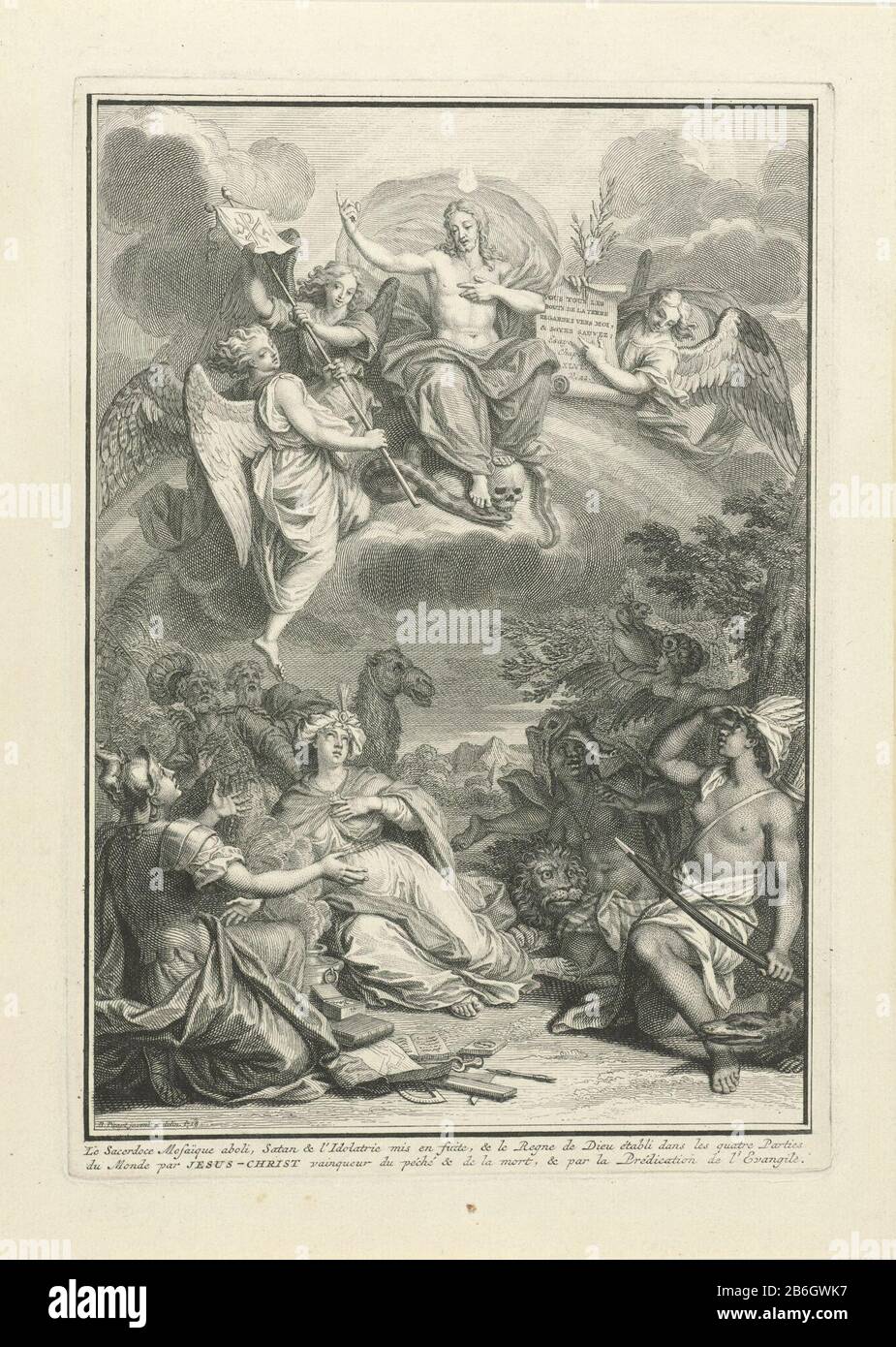 Christus erscheint den Personifikationen der Titelseite Kontinente für J Lenfant und I Beausobre, Le Nouveau Testament, 1718 Christus thront auf einem Regenbogen am Himmel, er trampelt eine Schlange und einen Schädel, das Böse, beziehungsweise den Tod. Oben leuchtet die Flamme des Eifers. Er predigt das Gospel den Personifikationen der Kontinente, die von der Erde aus zu ihm hinaufschauen. Götzendienst im rechten Hintergrund. Im Hintergrund gelassen überraschten zwei Männer das Judaismus. Am Rand einer zweizeiligen Unterschrift im Frans. Hersteller: Druckhersteller: Bernard Picart (Studio) zum Zeichnen von: Bernard Pic Stockfoto