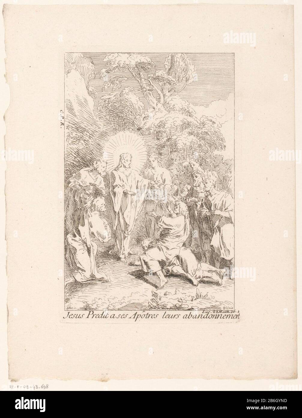 Christus sagt seinen leidenden jesus Predit oder sechs Apôtres Leurs Aufgabe (Titelobjekt) Leben und Passion Christi (Serientitel) La Vie de N.S. VORAUS Jesus C. (Serientitel) Objekttyp: Bild Artikelnummer: RP-P-ob-43.698Katalogisreferentie: IFF 18e siècle 739 Aufschriften / Marken: Sammlermarke, verso, gestempelt: Lugt 2228 Hersteller: Druckerhersteller Gabriel Huquier (denkmalgeschütztes Gebäude) Druckerhersteller Jacques Gabriel Huquier (möglich) zur Gestaltung: Claude Gillot (Verlag François: Gabriel Chaurener) Privileg: Gabriel Huquieruer Französische Krone (denkmalgeschütztes Eigentum) Ort manu Stockfoto