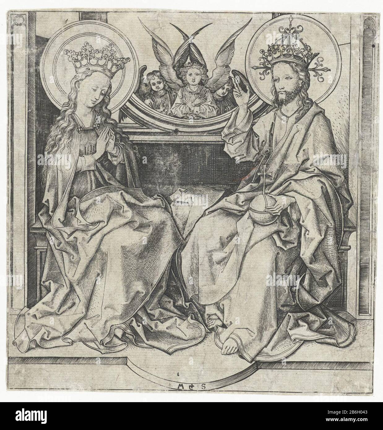 Christus segnet Maria Christus und Maria sitzen zusammen. Durch das Fenster zwischen ihnen sieht Engelsein aus. Christus, ein Orb in der linken Hand, der Maria die rechte Segensgeste macht. Hersteller : Druckerhersteller Martin Schongauer (denkmalgeschütztes Eigentum) Ort Herstellung: Deutschland Datum: 1470 - 1490 Physikalische Merkmale: Fahrzeugmaterial: Papiertechnik: Enga (Druckverfahren) Abmessungen: Blatt: 162 mm × h 155 b mm Betreff: Erwachsener Christus mit Mary'Salvator Mundi ', Gestensegnung; Ein Orb in seinen Händen oder zu seinen Füßen Stockfoto
