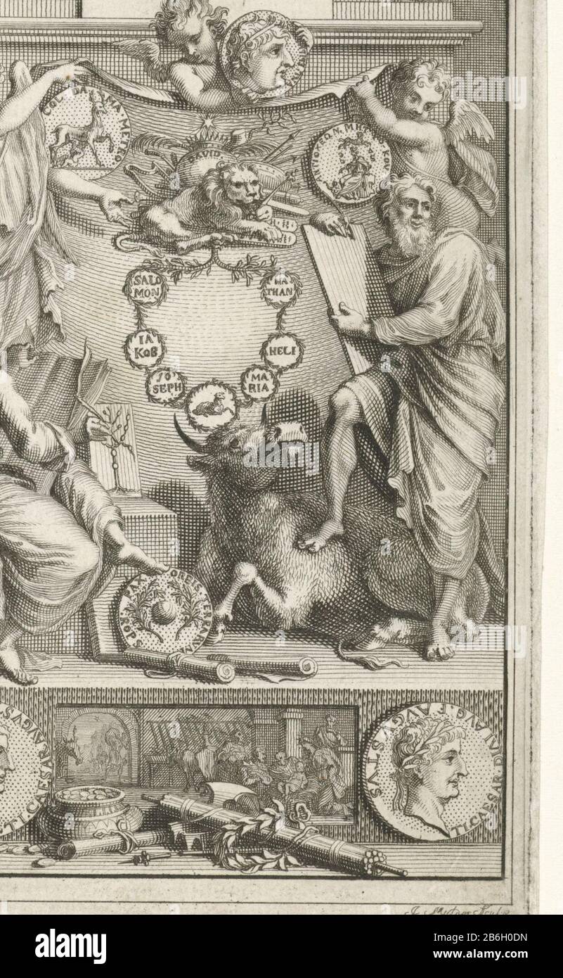 Die Abstammung Christi von König David Titelseite für TH van den Honert, Christus Ursprung uyt David, 1702 Der Stammbaum Christus, der aus dem Löwen Juda und der Krone Davids entsteht, wird von einem Engel und einem Putto dargestellt. Links eine Figur mit Buch. Auf der rechten Seite steht der Evangelist Lucas mit einem Stift und einem Schreibtablett neben dem betriebssystem. Unterste Mitte auf der Grundlage der Anbetung Christi durch die Hirten vor einer Fasces und einem Lorbeerkranz. Titelseite für ein Buch über die Abstammung Christi von König David. Hersteller: Druckerhersteller Joseph Mulder (denkmalgeschütztes Objekt) zum Zeichnen: Jan Goeree (denkmalgeschütztes Gebäude) PU Stockfoto