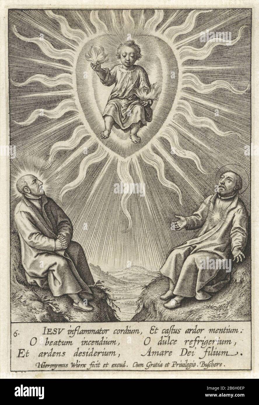 Christuskind in flammender Herzanbetung des Christuskindes (Serientitel) Das Christuskind befindet sich in einem flammenden Herzen, Flammen auch in seinen Händen. Er blickt auf die Jesuiten Ignatius Loyola und Francis Xavier zurück. Am Rand eine zweizeilige Beschriftung mit einem Befehl des Latijn. Hersteller : Druckmaschine: Jerome Who: Rix (denkmalgeschütztes Gebäude) Herausgeber: Hieronymus Wierix (denkmalgeschütztes Eigentum) Privilegienanbieter: Joachim de Busere (denkmalgeschütztes Eigentum) Herstellung: Antwerpen Datum: 1563 - Merkmale 1619 Physikalisch: Engra-Material: Papiertechnik: Engraa (Druckverfahren) Maße: Plattenkante: H 97 Stockfoto Christuskind in flammender Herzanbetung des Christuskindes (Serientitel) Das Christuskind befindet sich in einem flammenden Herzen, Flammen auch in seinen Händen. Er blickt auf die Jesuiten Ignatius Loyola und Francis Xavier zurück. Am Rand eine zweizeilige Beschriftung mit einem Befehl des Latijn. Hersteller : Druckmaschine: Jerome Who: Rix (denkmalgeschütztes Gebäude) Herausgeber: Hieronymus Wierix (denkmalgeschütztes Eigentum) Privilegienanbieter: Joachim de Busere (denkmalgeschütztes Eigentum) Herstellung: Antwerpen Datum: 1563 - Merkmale 1619 Physikalisch: Engra-Material: Papiertechnik: Engraa (Druckverfahren) Maße: Plattenkante: H 97 Stockfoto