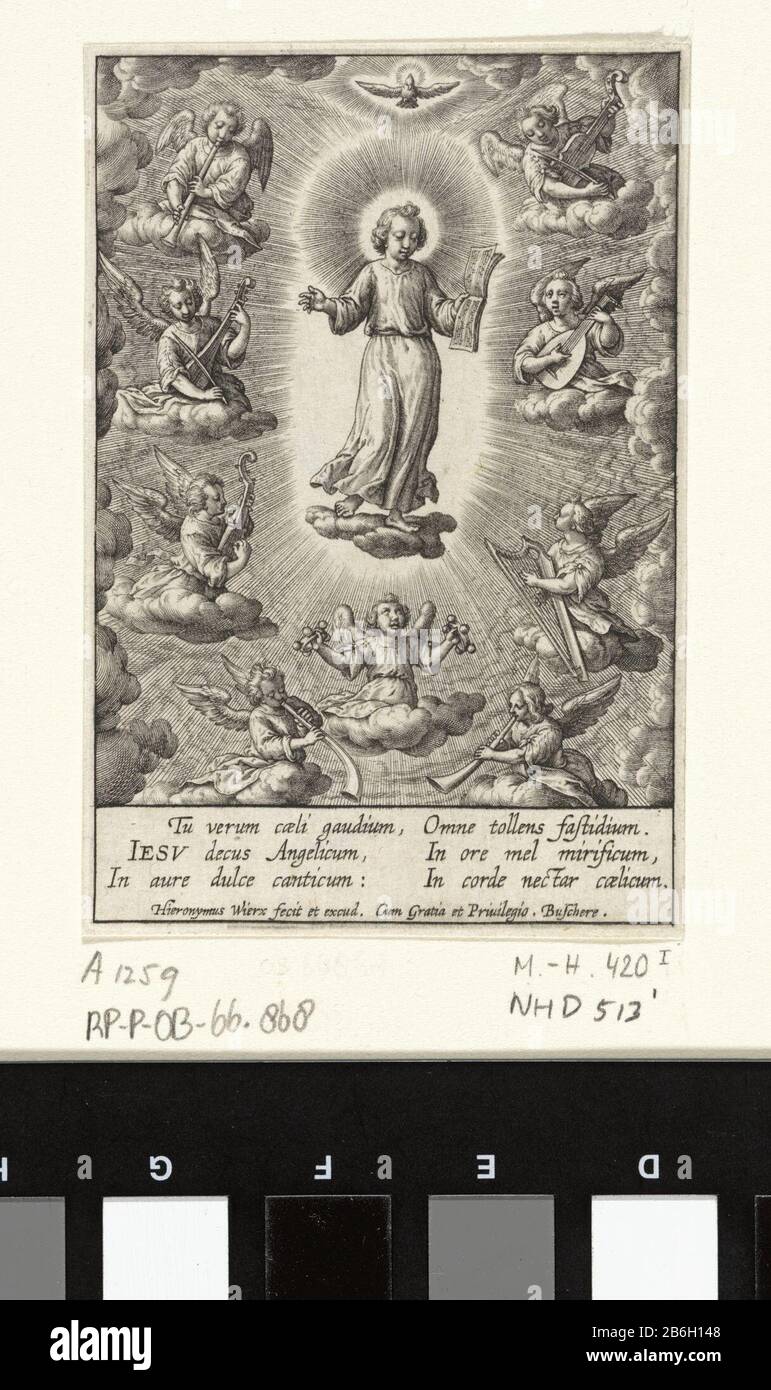 Christuskind umgeben von musikalischen Engeln Anbetung des Christuskindes (Serientitel) Musicerende engelen aanbidden het Christuskind dat op een wolk staat met een liedboek in de Hand. Boven hoofd van het Kind de Heilige Geest in de gedaante van een duif. In de marge een zesregelig onderschreift, in twee kolommen, in het Latijn. Hersteller : Hersteller: Hieronymus wie: Rix (vermeld op object)uitgever: Hieronymus Wierix (vermeld op object)verlener van privilege: Joachim de Bugere (vermeld op object)Plaats Herstellen: Antwerpen dating: 1563 - voor 1619 Physical kenmerken: Gravure Materia Stockfoto