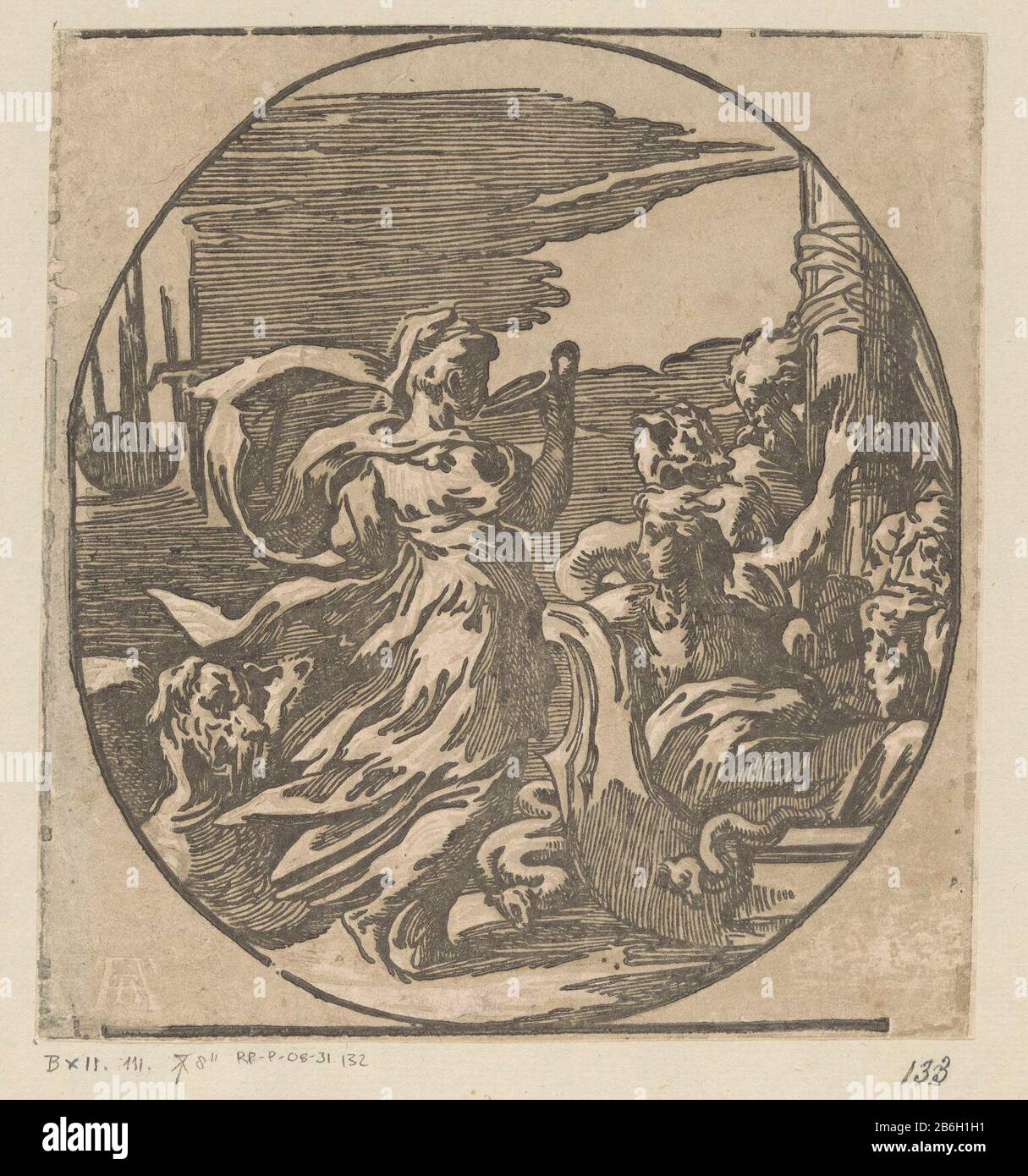 Circe Trinking Circe Trinkobjekt Typ: Bild Artikelnummer: RP-P-ob-31.132Katalogusreferendar: Die Illustrierte Bartsch 8-2 ​​(2) 8-2 Bartsch (2) Beschreibung: Circe trinkt aus einer Schüssel und rechts Männer Odysseus auf Schip. Hersteller : Druckerhersteller Antonio da Trento (möglich) zu entwerfen: Parmigianinouitgever: Andrea Andreani (denkmalgeschütztes Eigentum) Ort Herstellung: Italien Datum: 1568 - 1629 Körperliche Merkmale: Chiaroscuro Holzschnitt in Schwarz und Braun; gedruckt ein Holz-Linienblock und zwei Holz-Tonblöcke Material: Papiertechnik: Chiaroscuro-Holzschnitt Abmessungen: Blatt: H 216 mm × W 202 mm Betreff: Ulysses Stockfoto