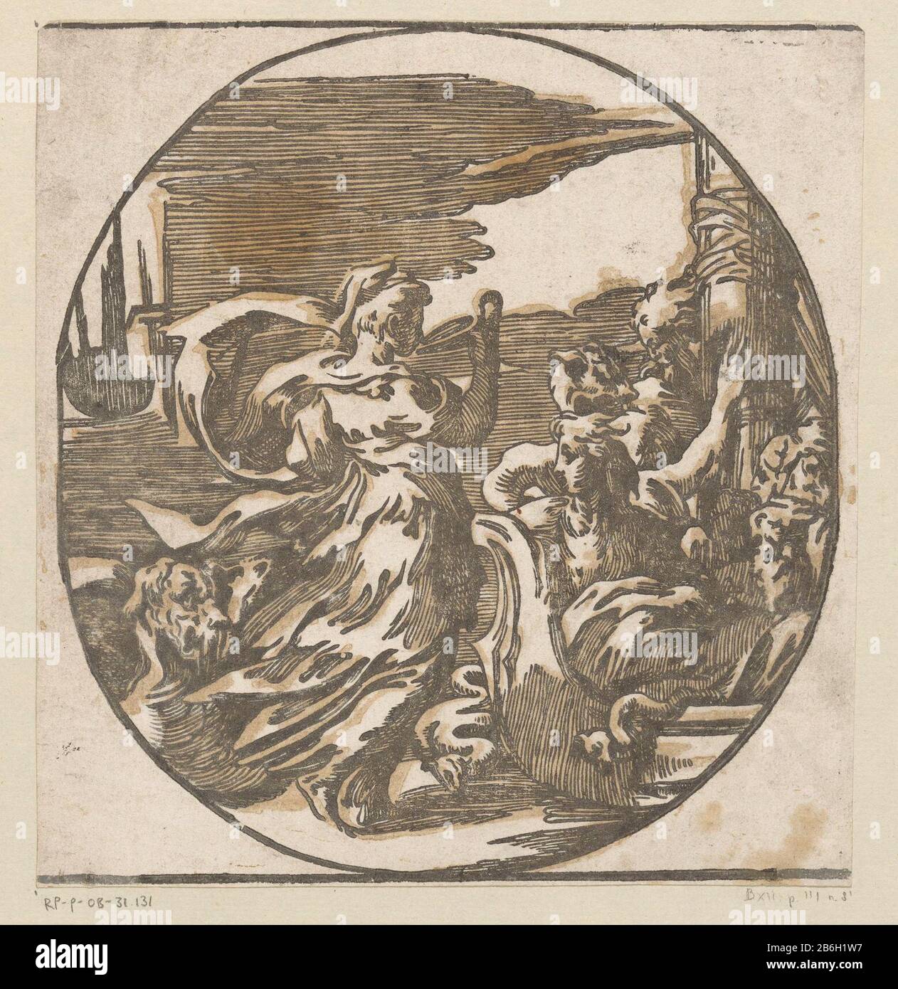 Circe trinkt Circe aus einer Schüssel und rechts von Odysseus' Männern auf einem Hüpfen. Hersteller : Druckerhersteller Antonio da Trento (möglich) zu entwerfen: Parmigianinoplaats Herstellung: Italien Datum: CA. 1520 - ca. 1.550 Physische Merkmale: Chiaroscuro Holzschnitt in Schwarz und Braun; gedruckt aus einer Holzblocklinie und einem Holztonblock; bearbeitet mit Stift in grauem Material: Papiertinte Technik: Chiaroscuro-Holzschnitt / Stiftabmessungen: Blatt: H 214 mm × W 203 mm Betreff: Ulysses auf der Insel Circe (Homer, Odyssee X) Circedrinking Stockfoto