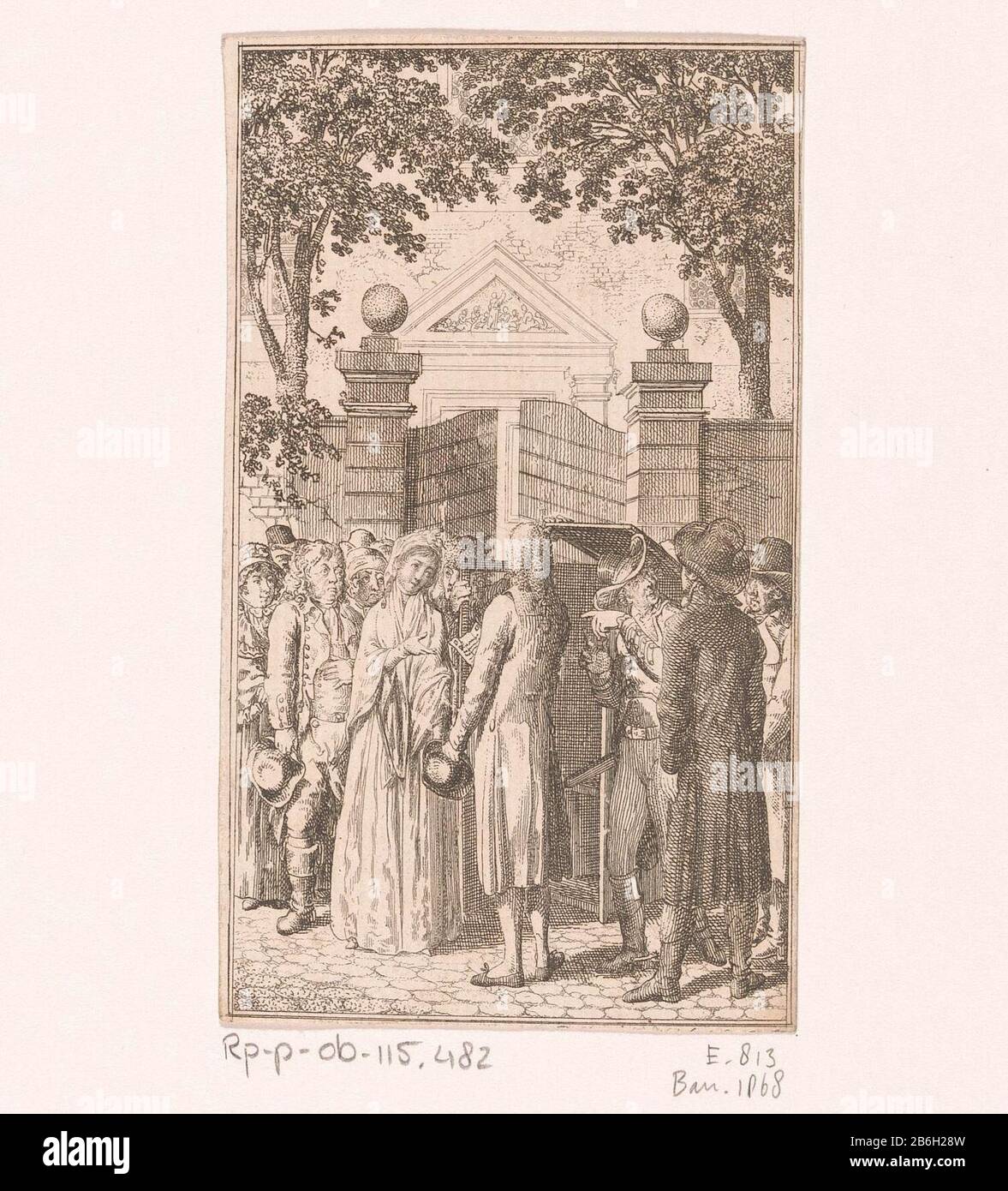Clarissa wurde verhaftet, als sie die Kirche Verließ, Mit Referenzseite und Nummerierung über Voorstelling. Hersteller : Druckerhersteller Daniel Nikolaus Chodowie: Ckinaar Eigendesign: Daniel Nikolaus ChodowieckiPlaats Herstellung: Berlin Datum: 1796 Physikalische Merkmale: Radierung; Proofing Material: Papiertechnik: Ätzmaße: Blatt: H 120 mm (innerhalb Kantenplatte geschnitten) × W 70 mm (innerhalb Kantenplatte geschnitten) ToelichtingLatere wird verwendet: Richardson, Samuel. Clarissens Vermögen dargistelt vier zwangige Kupferblätter und von Daniel Chodowiecki. Mit Erlägungen des Deutschen Uebersetzers Dr. L. Th. Kosegarten. Leipzi Stockfoto