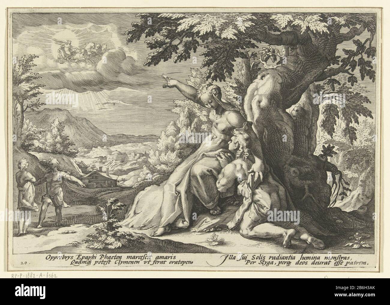 Clymene Phaeton, der seinem Vater, den ZonnegoodOvidius' Metamorphosen (Serientitel) Beibrachte, Immobilientyp: Print Serial Number 20 / 20Objectnummer: RP-P-1882-A-6362Catalogusreferentie: The Illustrated Bartsch 50-AfterClyHollstein Dutch 527-AfterNew Hollstein Dutch 551-1 (2) Beschreibung: Boy Phaeton ist mit ihrer Mutter über ihre gottenen angezweifelt. Clymene zeigt sie zum Himmel und betont, dass der sonnengott wirklich sein Vater ist - Phaeton muss ihn besuchen, um es von sich selbst zu hören. In der Show zwei Zeilen lateinischer Text. Dieser Druck ist p Stockfoto